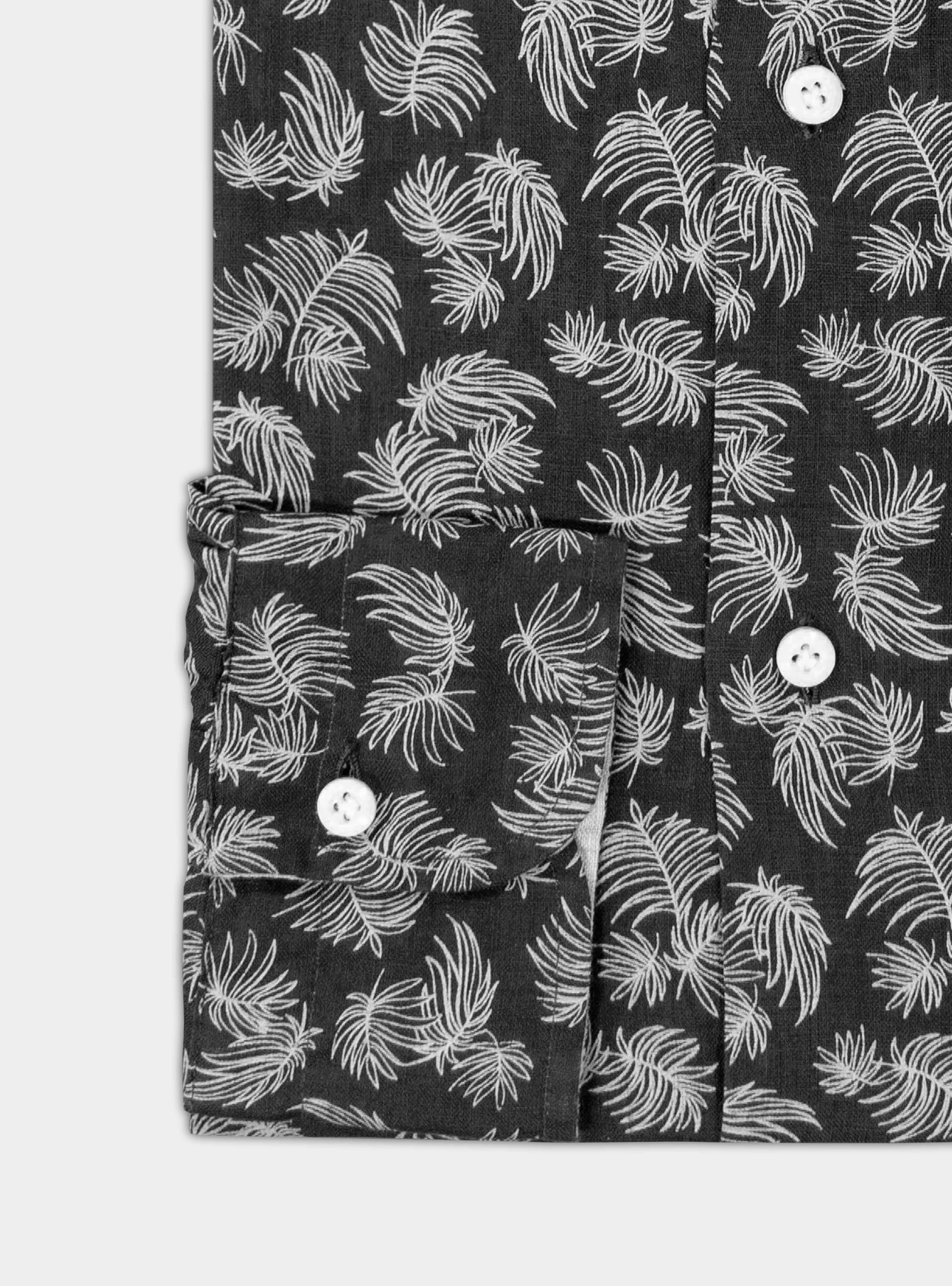 Printed linen french collar shirt, BLUE