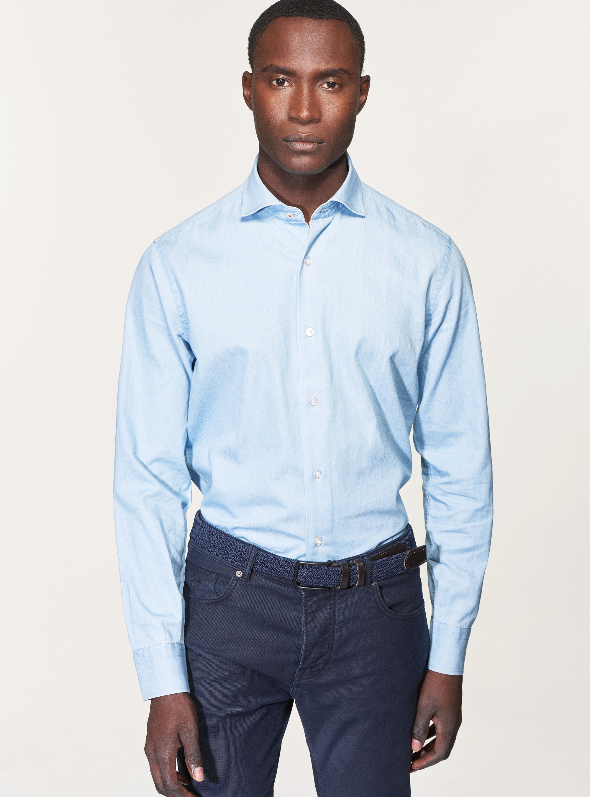 Camicia denim in cotone chambray, AZZURRO