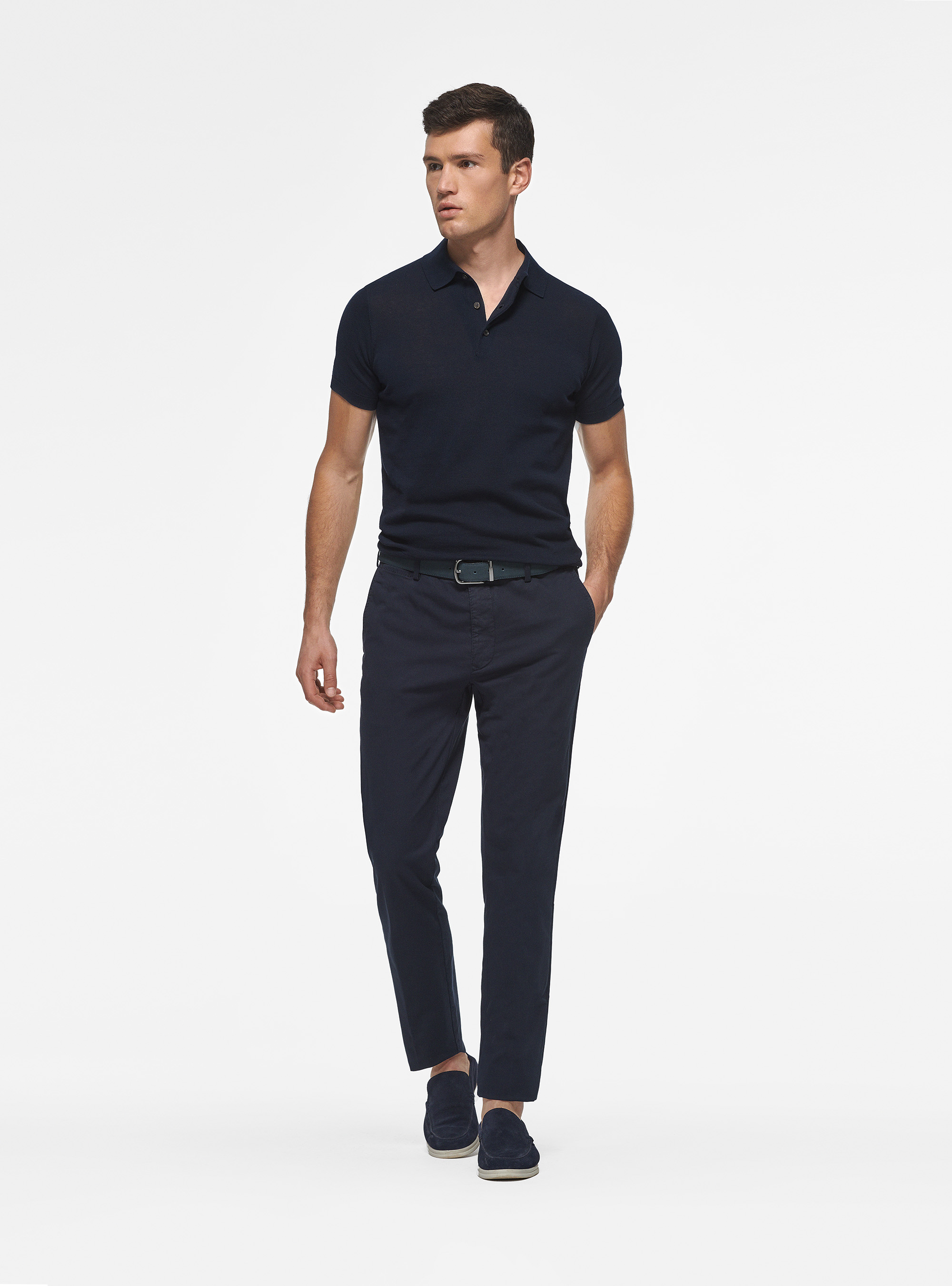 Extra-fine cotton knit polo shirt, NAVY BLUE