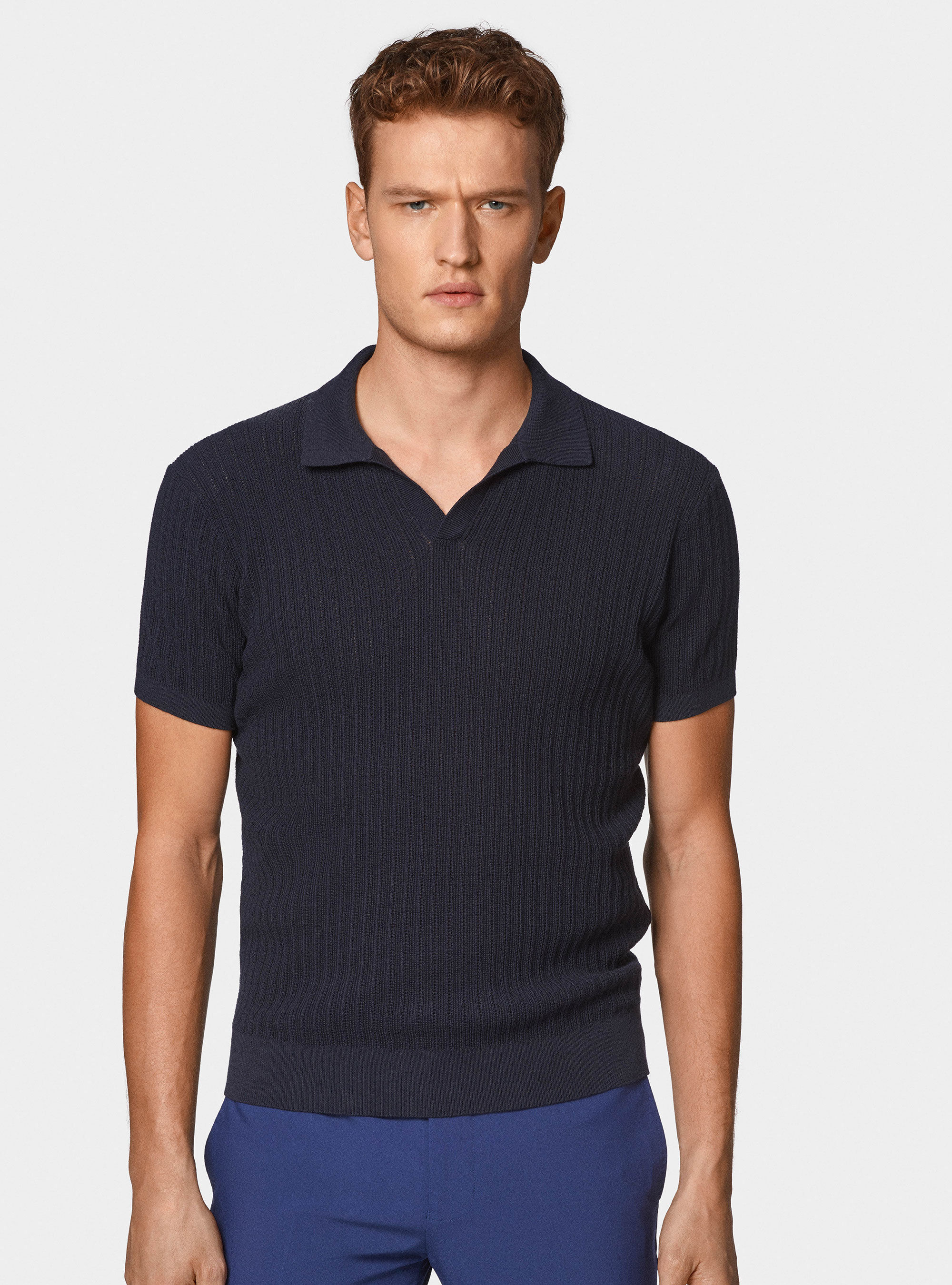 Perforated knit polo shirt without buttons in extra-fine cotton, NAVY BLUE