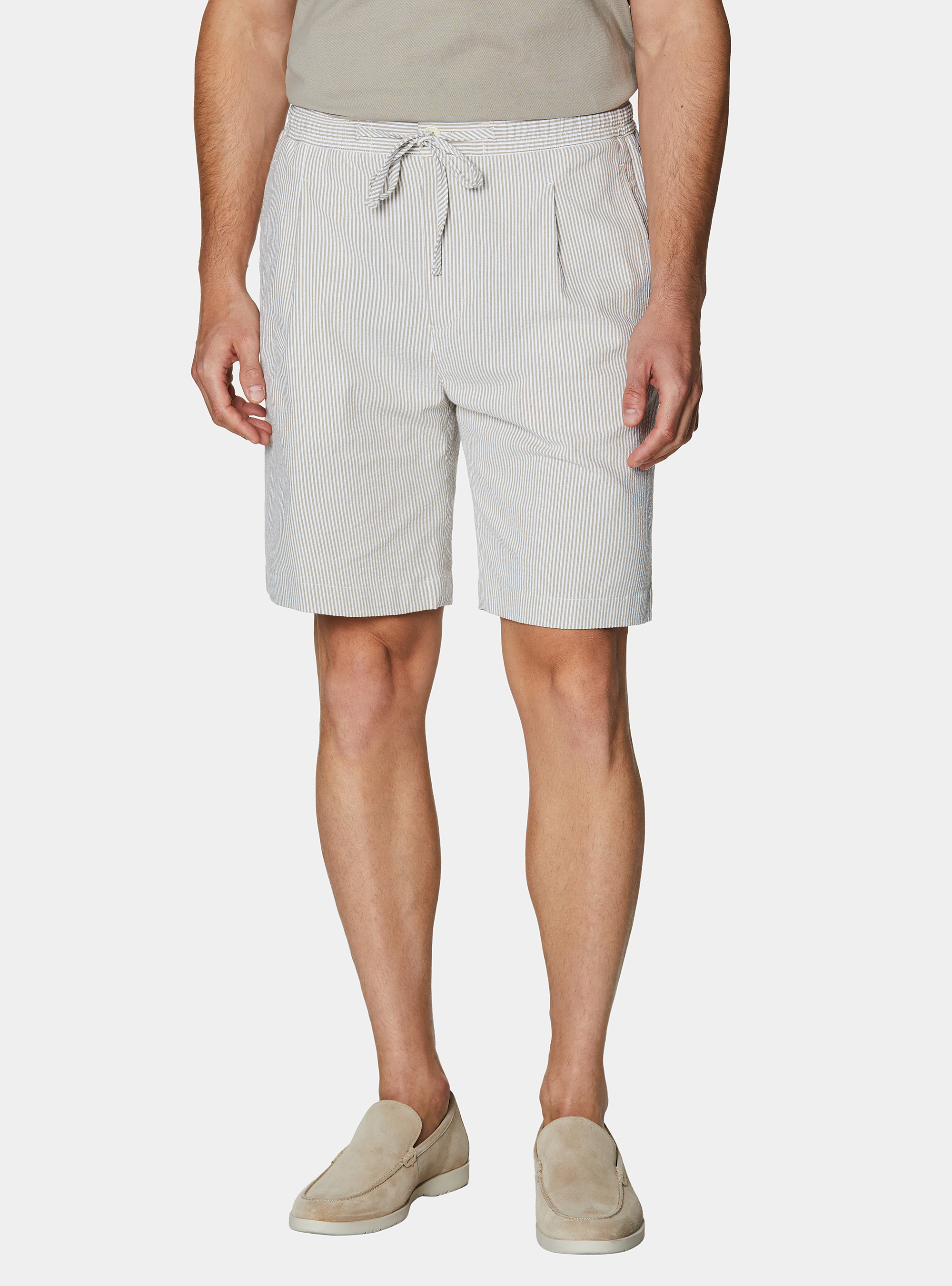 Stretch seersucker cotton Bermuda shorts with drawstring, SAND