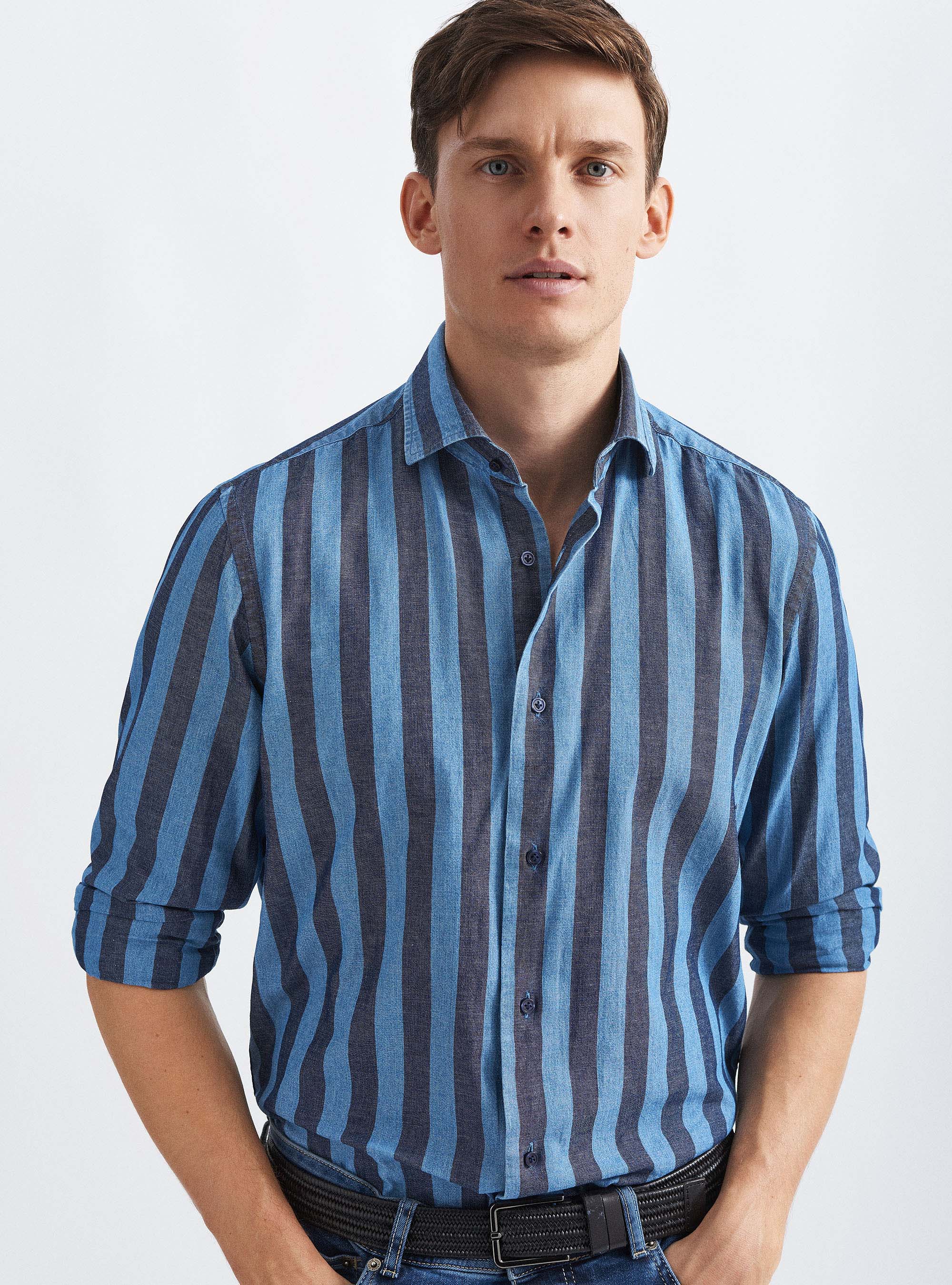Camicia in cotone e lino a righe, BLU NAVY