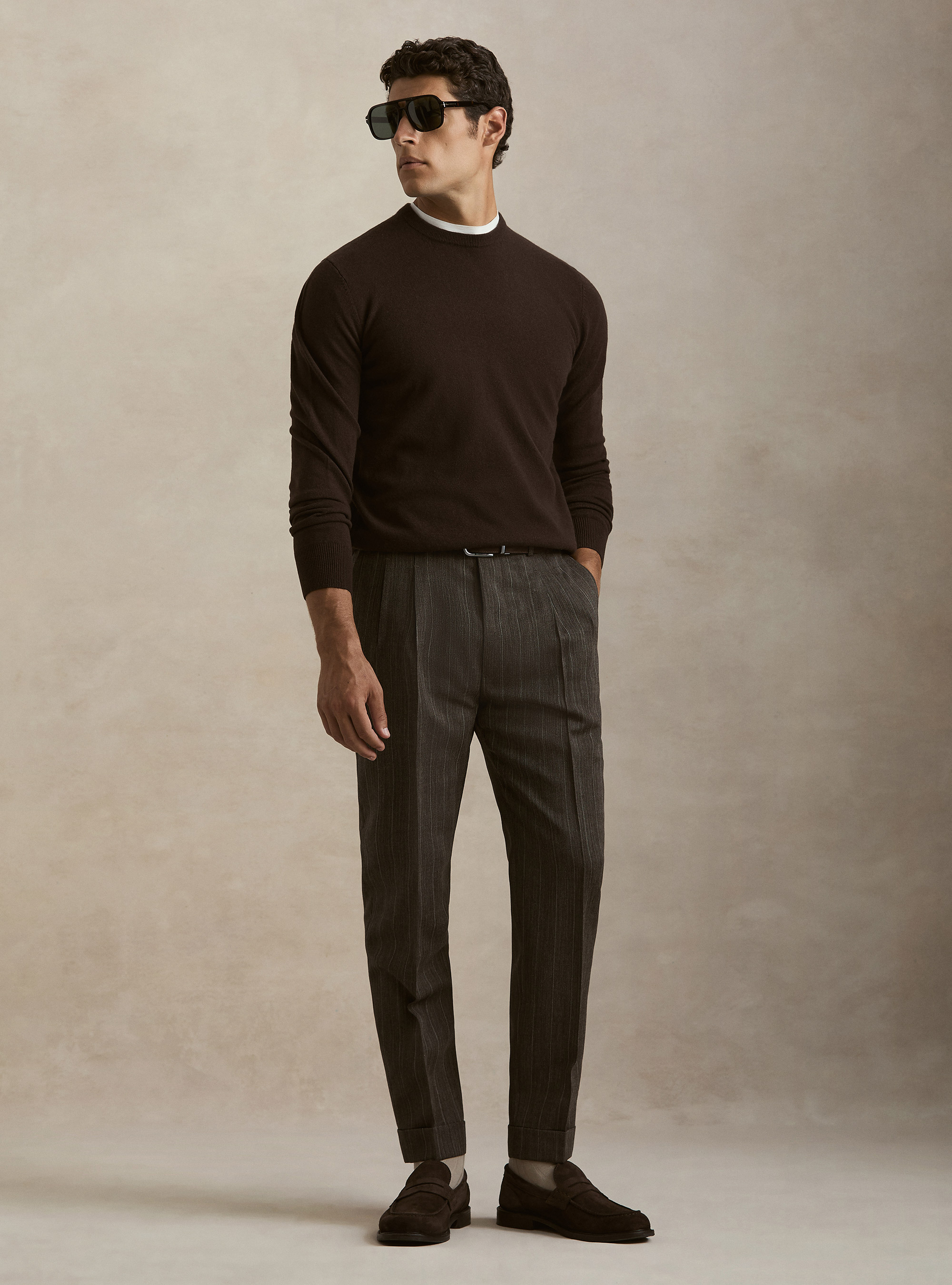 Lambswool and cashmere crewneck sweater, BROWN