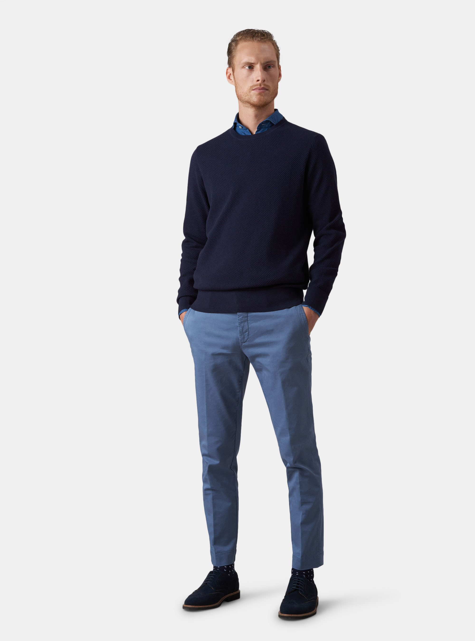 Maglia con collo rotondo in cotone e cashmere, BLU NAVY