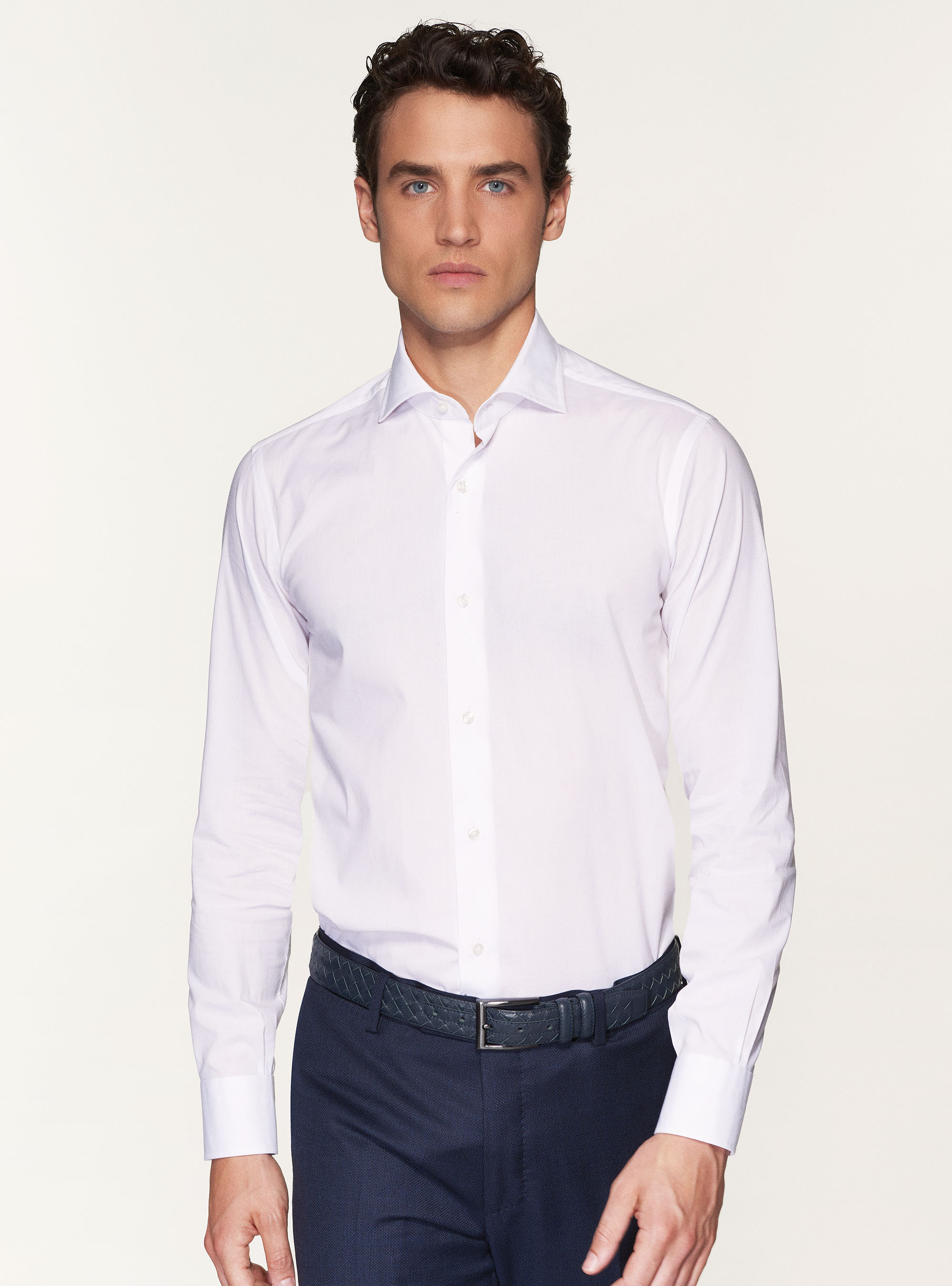 Camicia slim fit in popeline di cotone stretch, BIANCO