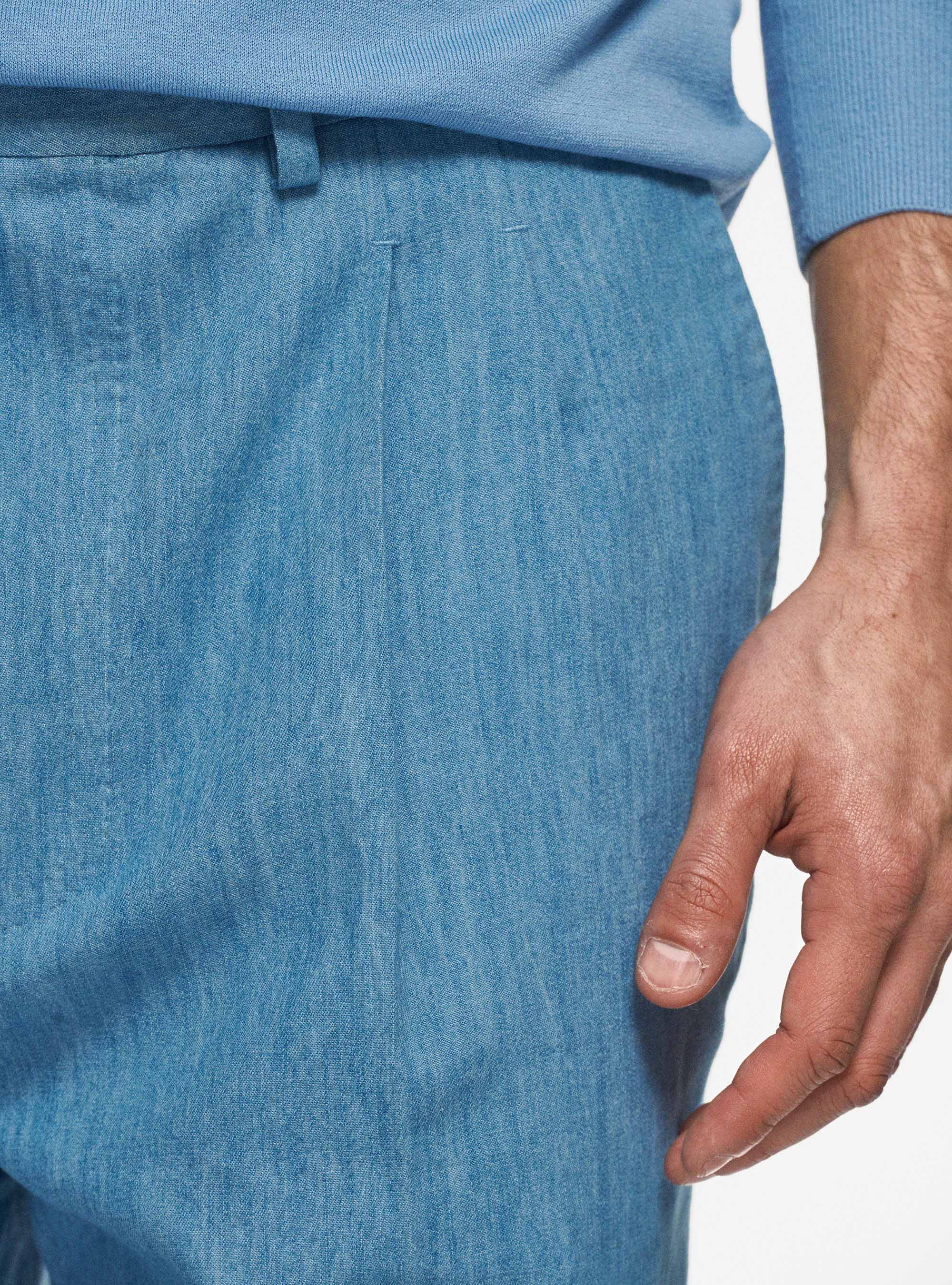 Pantaloni chambray in puro cotone, AZZURRO