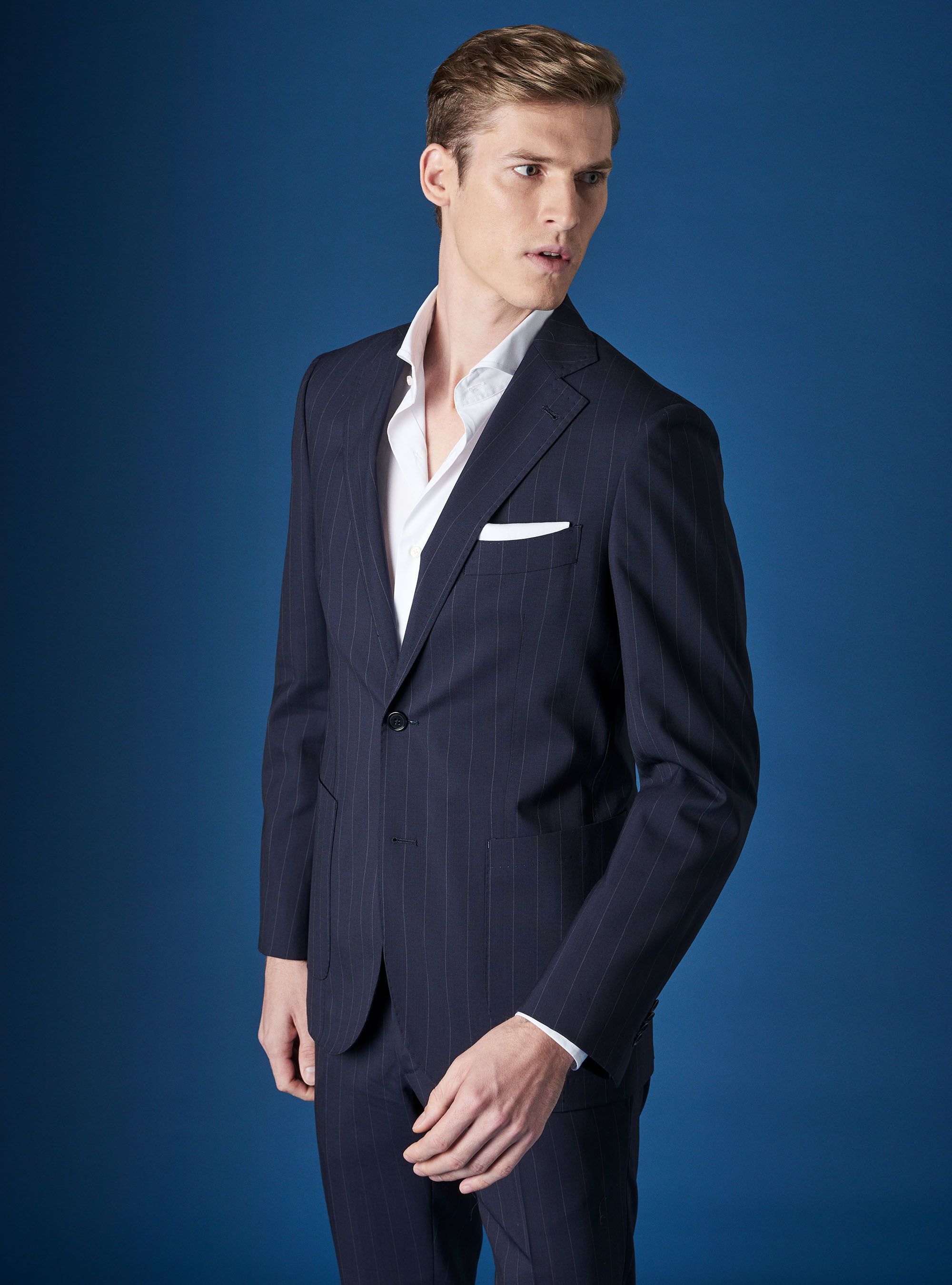 Giacca da abito in fresco lana super 110 gessato, BLU NAVY