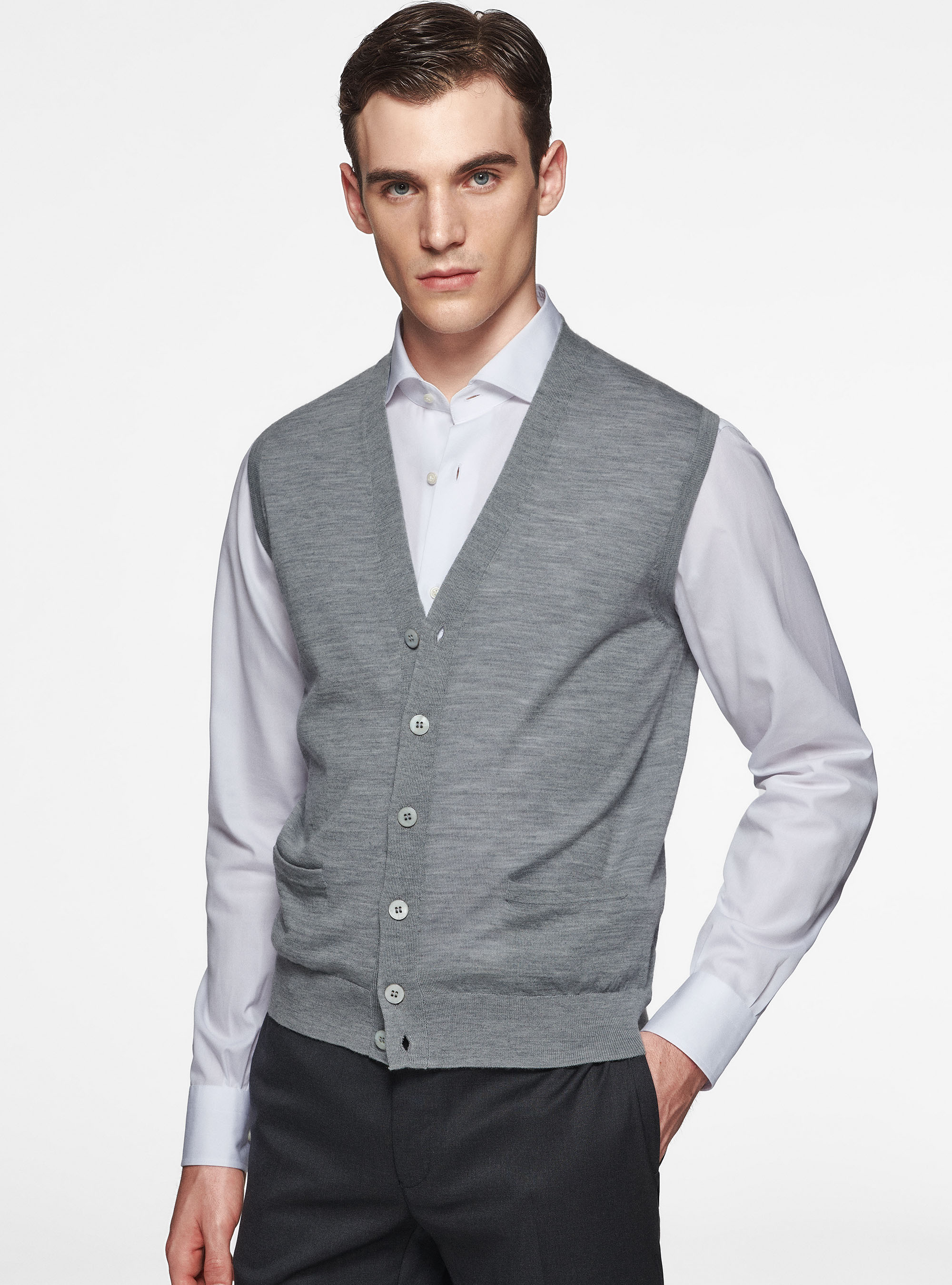 Chaleco de punto de pura lana merina extrafina, GRIGIO MELANGE 0151C