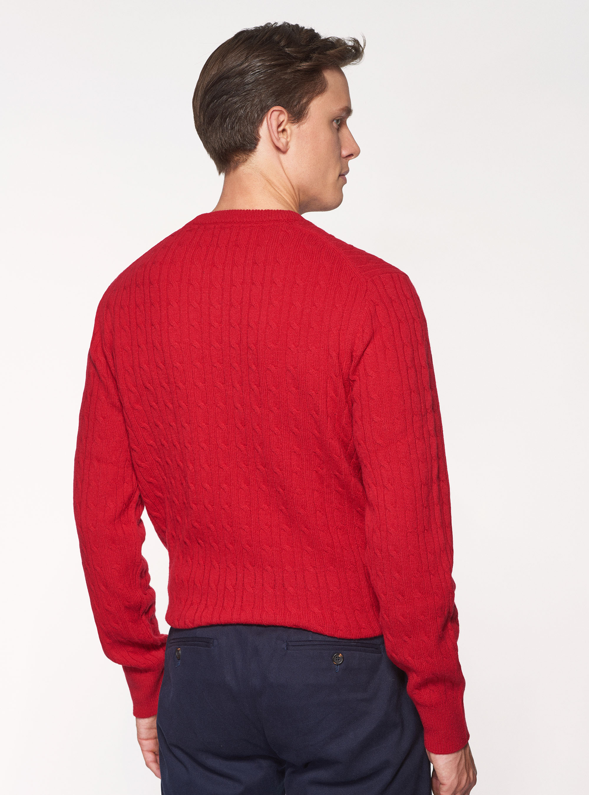 Maglia treccia girocollo in lana lambswool e cashmere, ROSSO