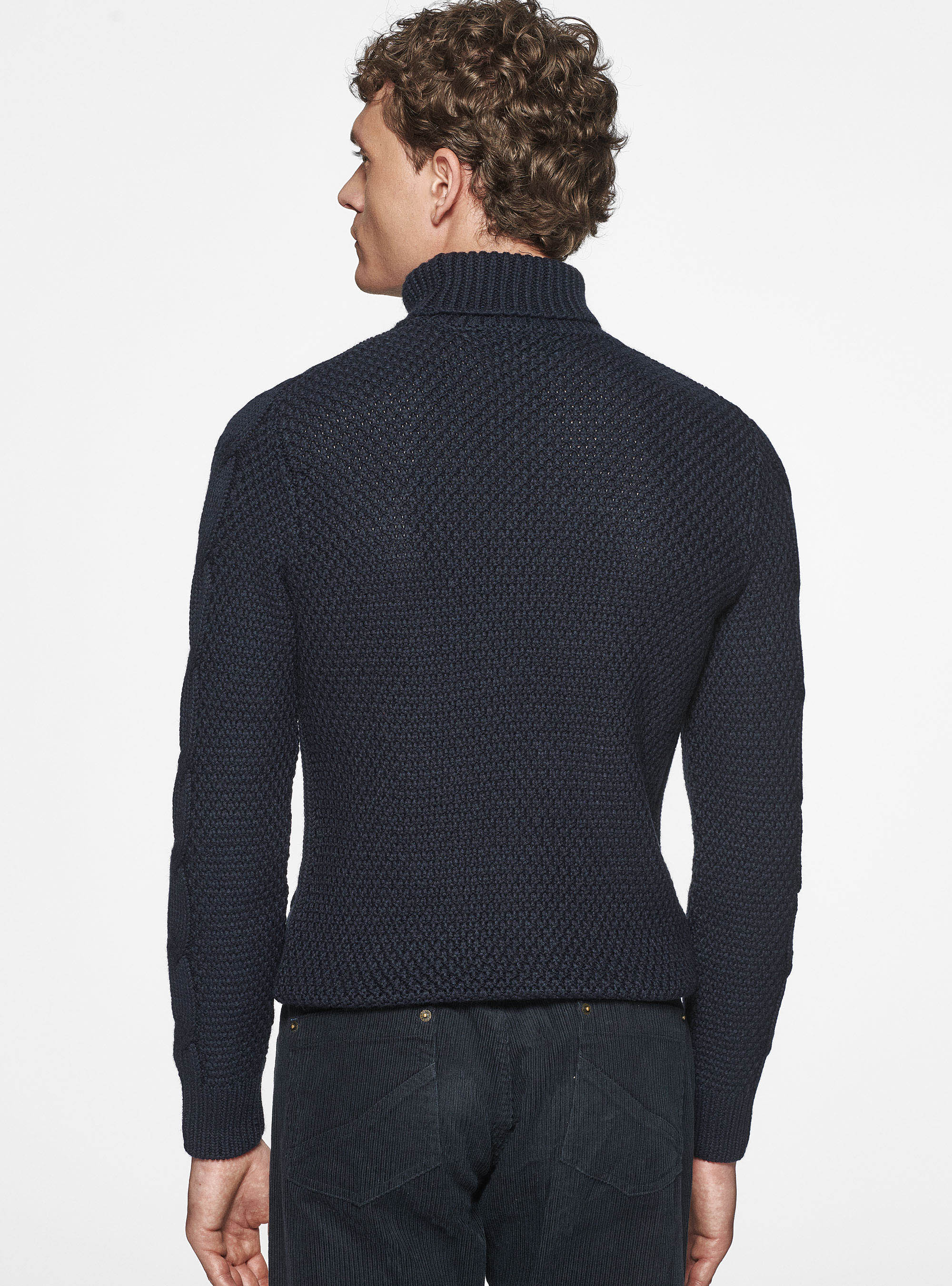 Maglia collo alto in misto lana con treccia, BLU NAVY