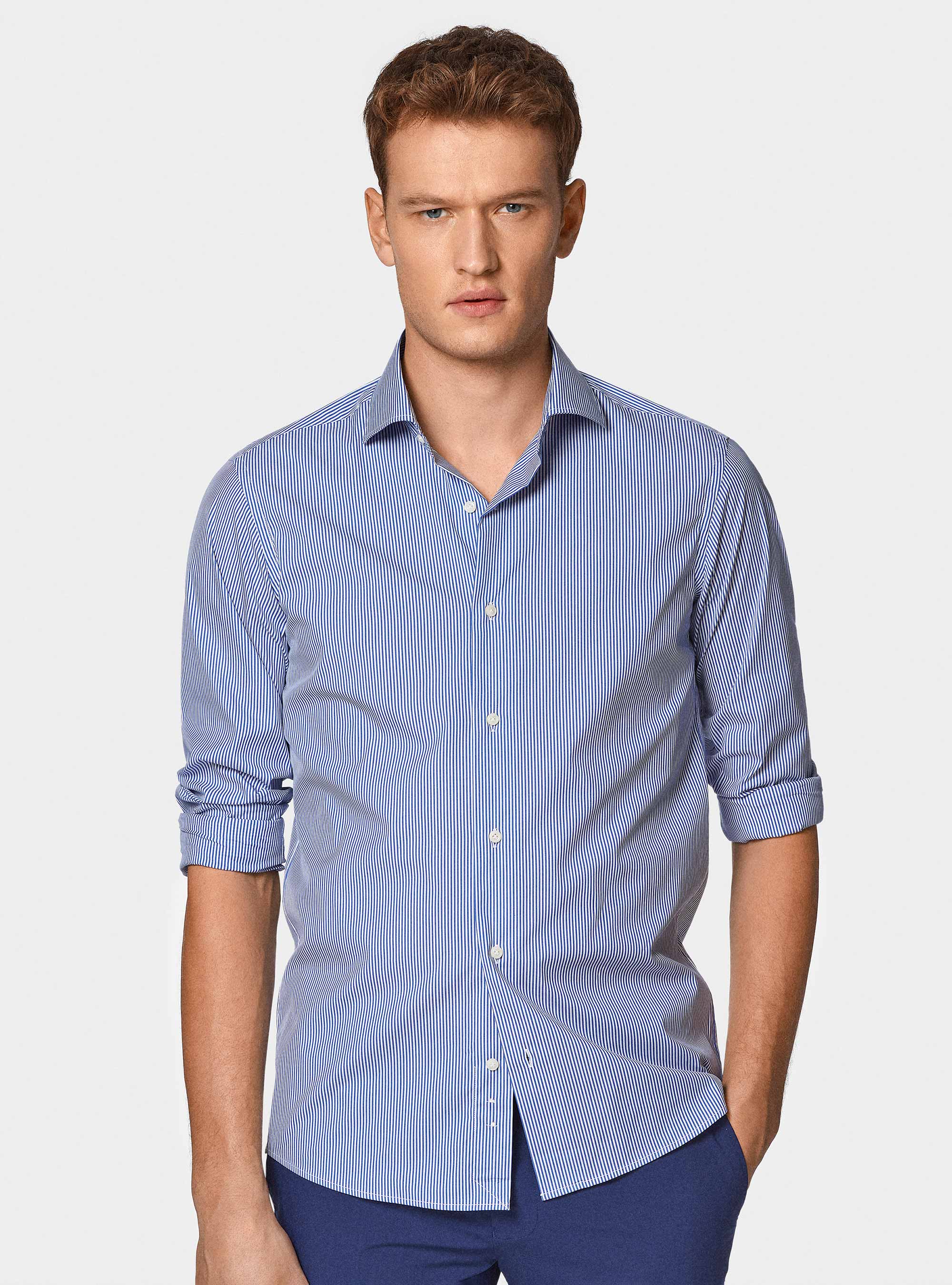 Camicia rigata in popeline stretch, BLU
