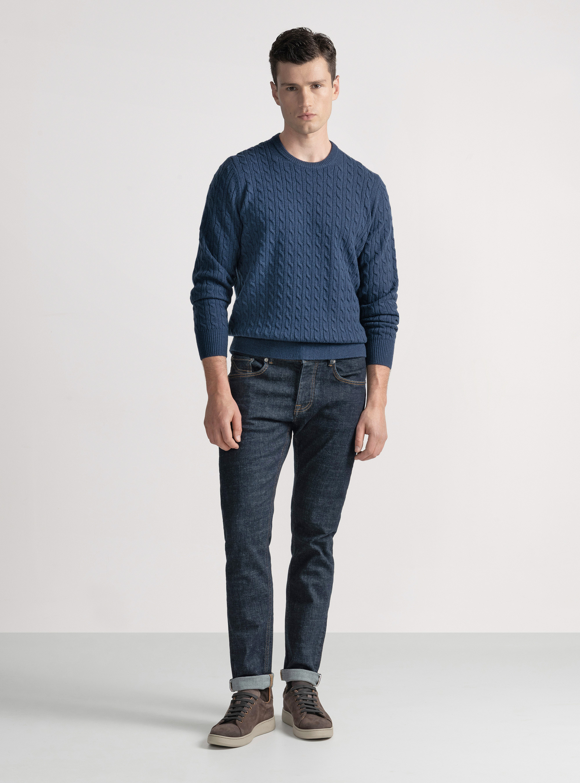 Crew-neck sweater with wool and cashmere braid, INK