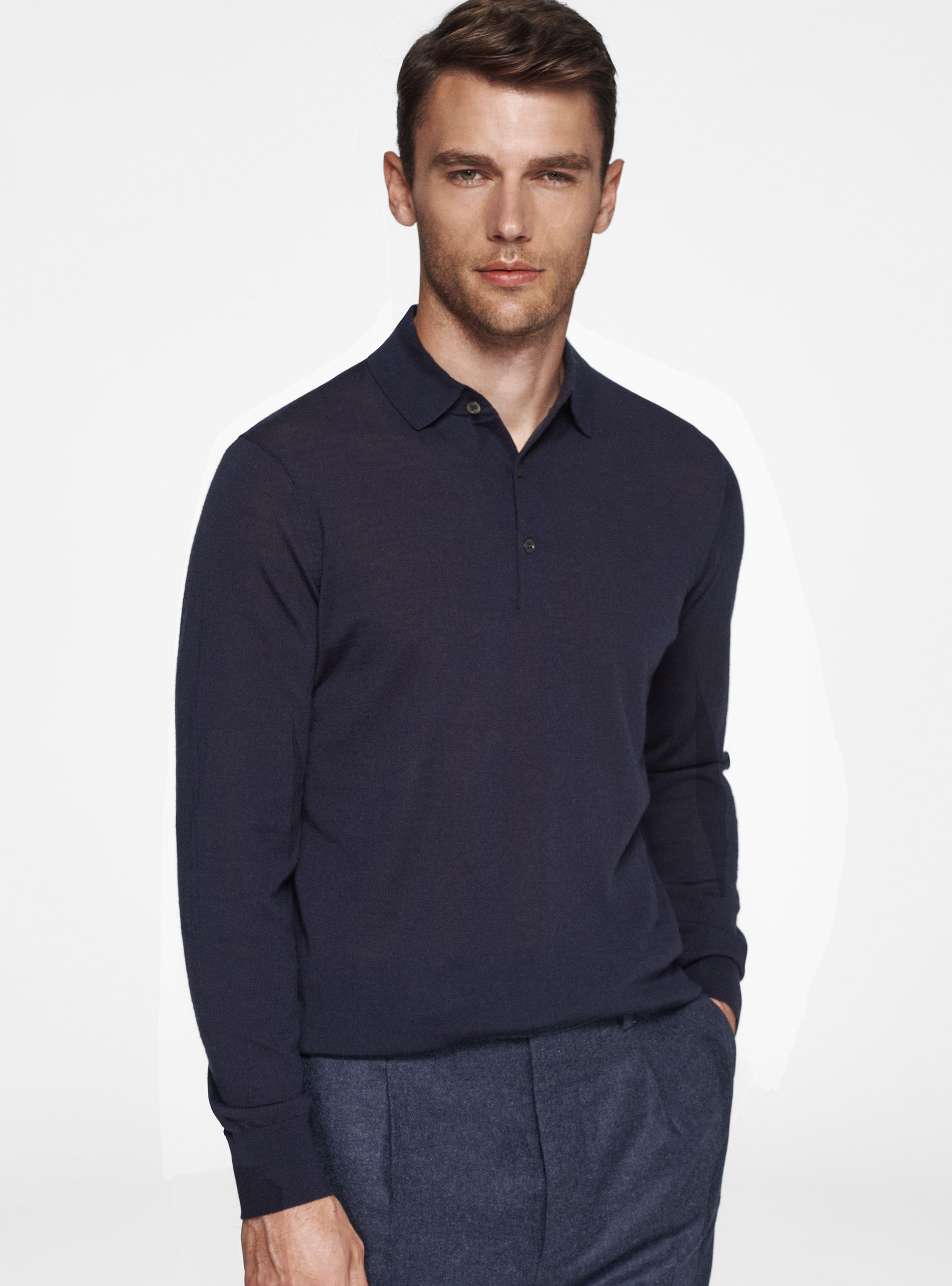 Polo shirt in pure extra-fine merino wool, NAVY BLUE