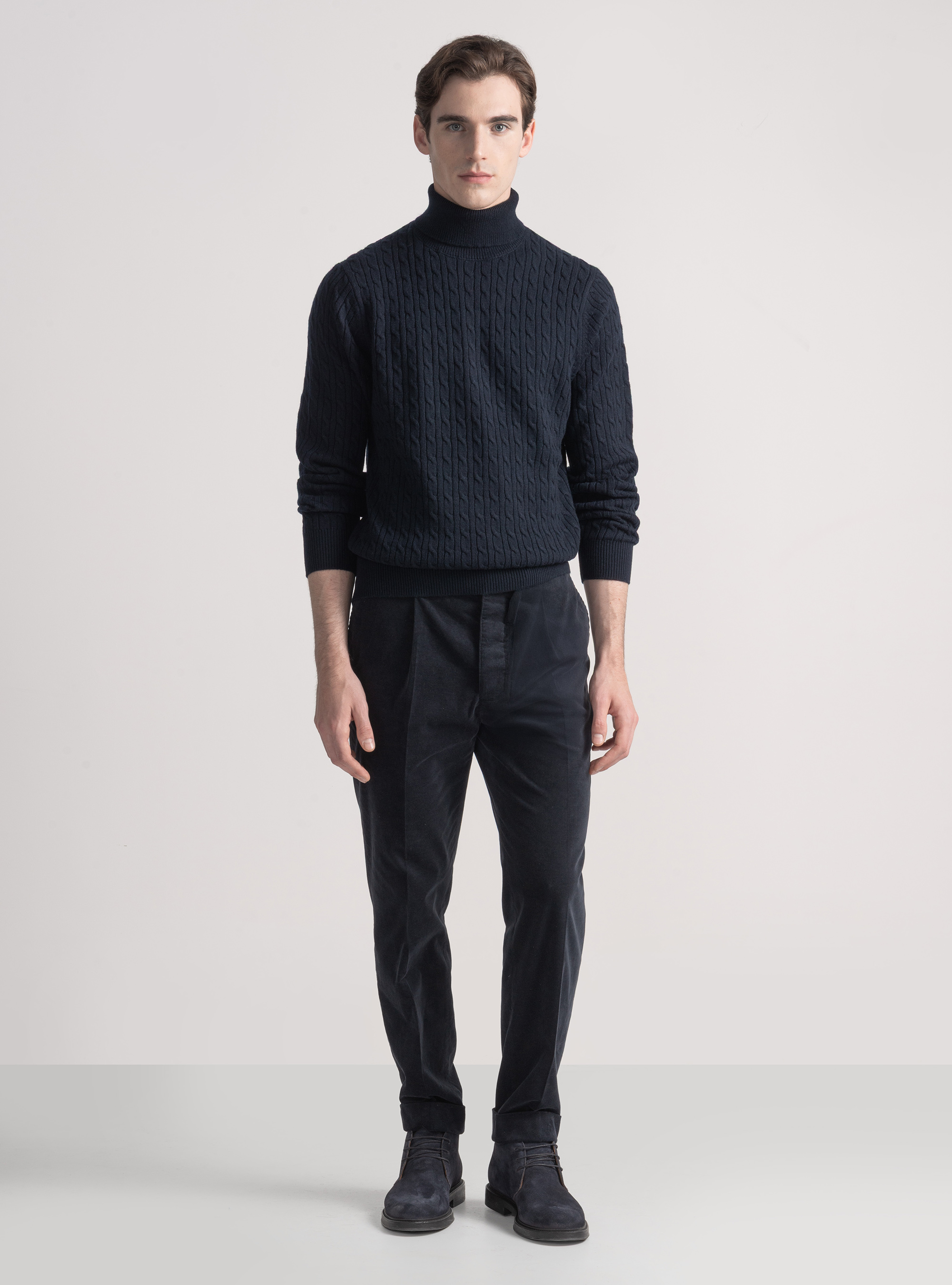 Wool-blend turtleneck sweater with braid, NAVY BLUE