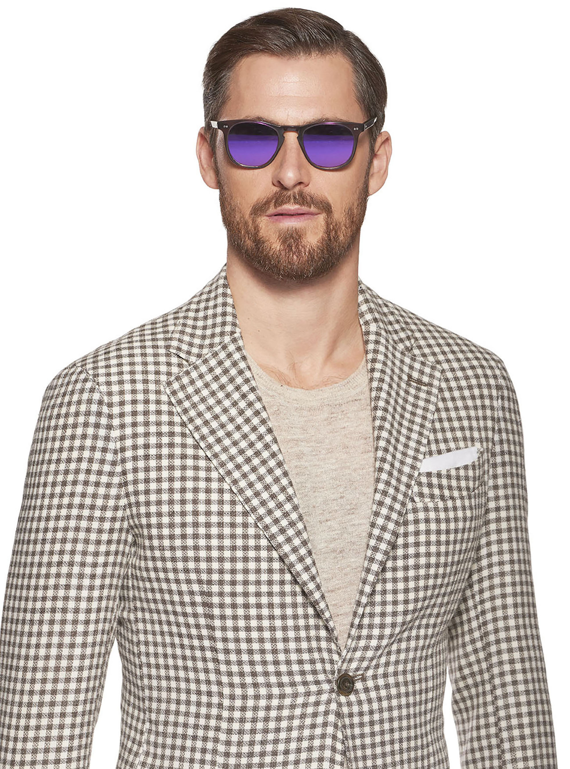 Giacca a quadretti in lana lino e cotone, MARRONE