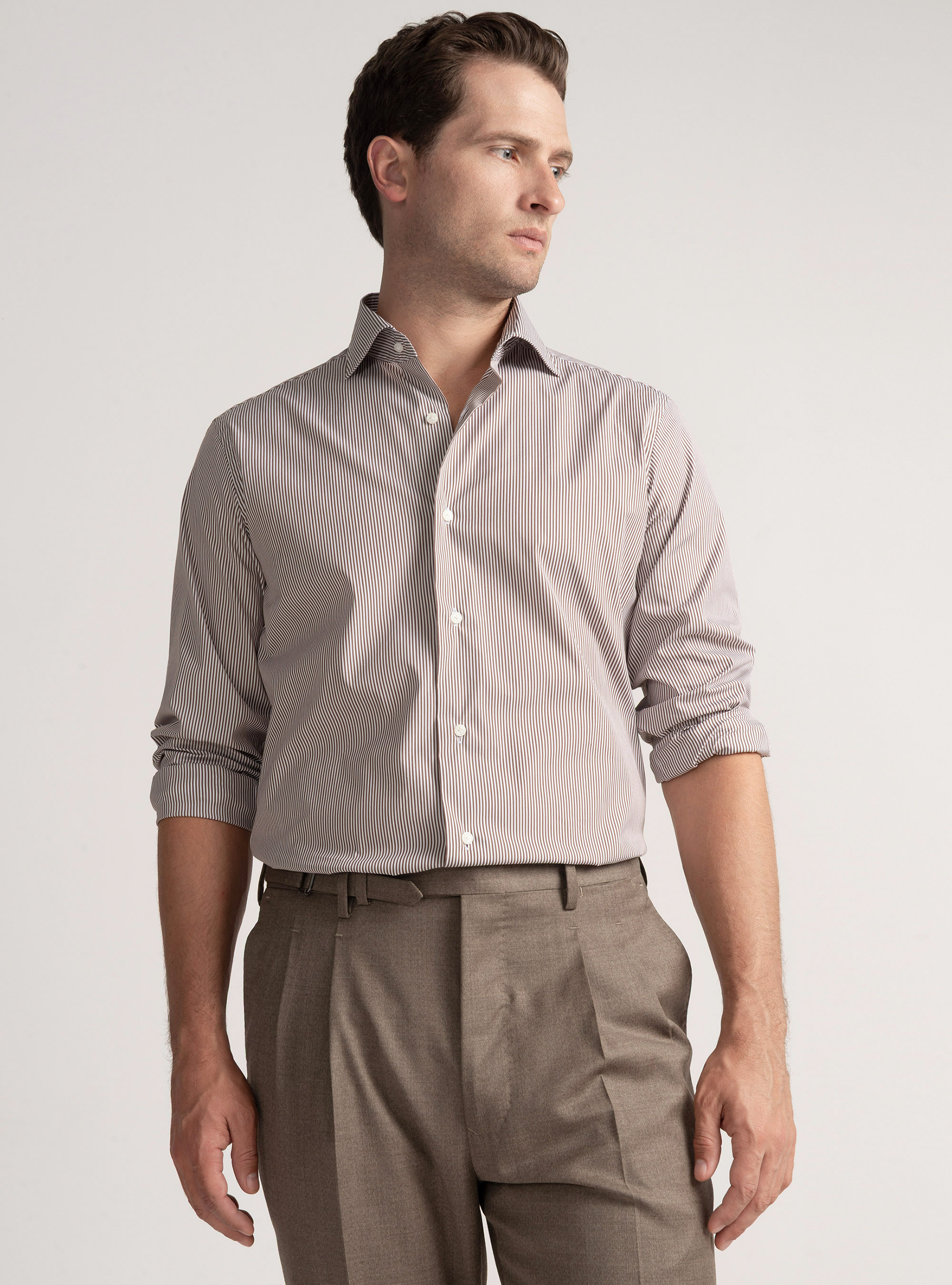 Camicia in cotone rigato popeline stretch, MARRONE