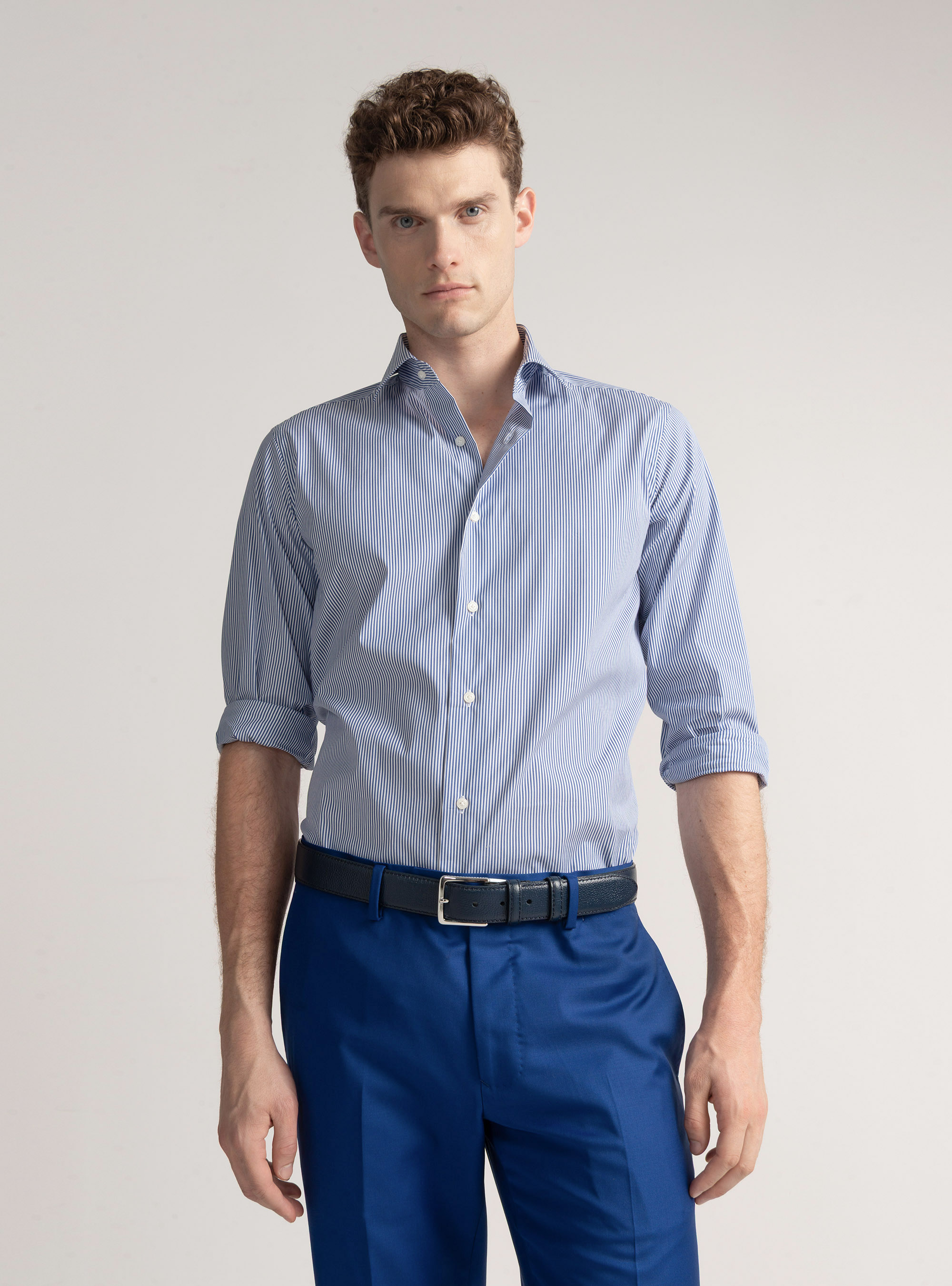 Camicia in cotone rigato popeline stretch, BLU