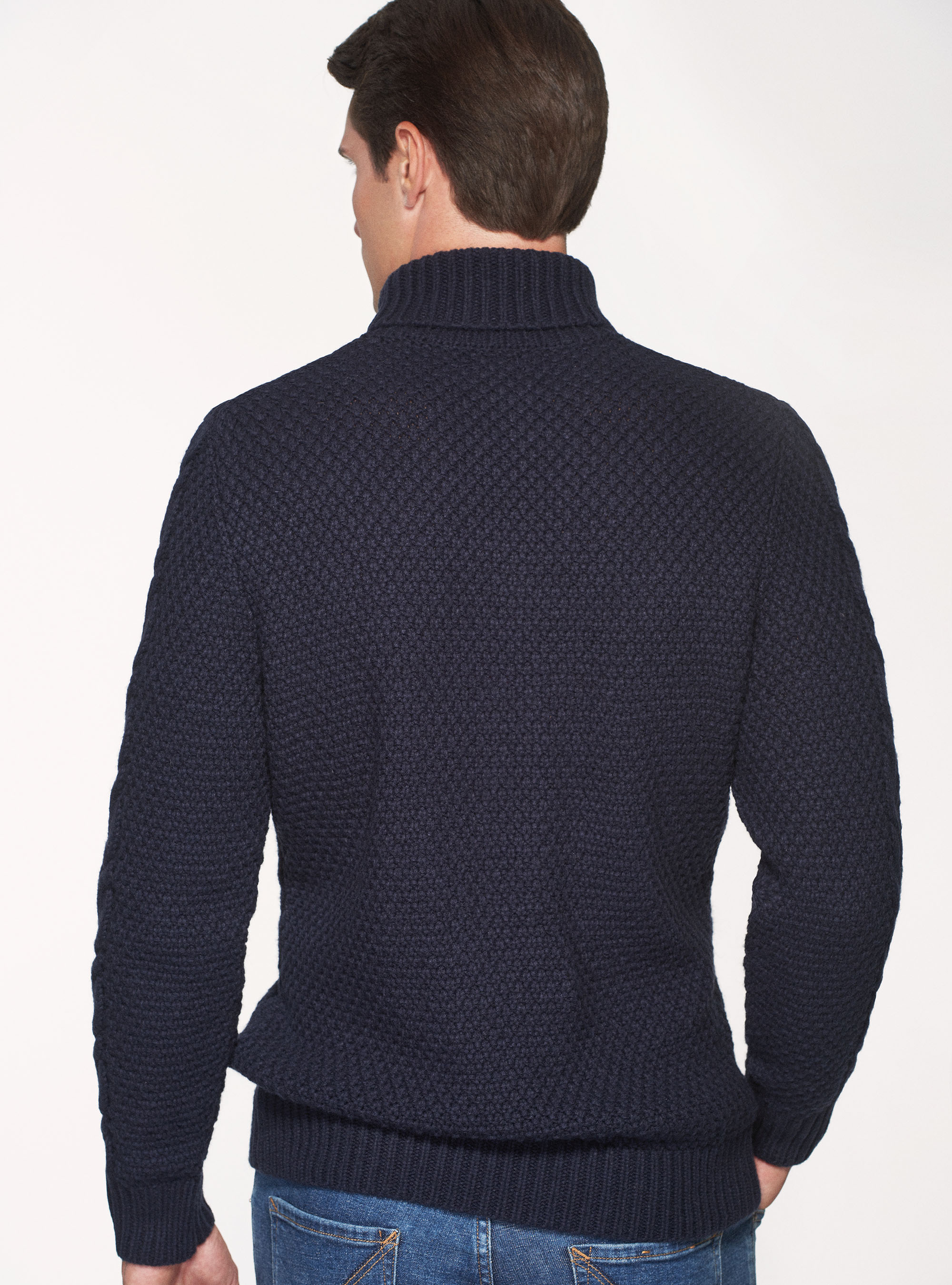 Maglia collo alto in misto lana a treccia, BLU NAVY