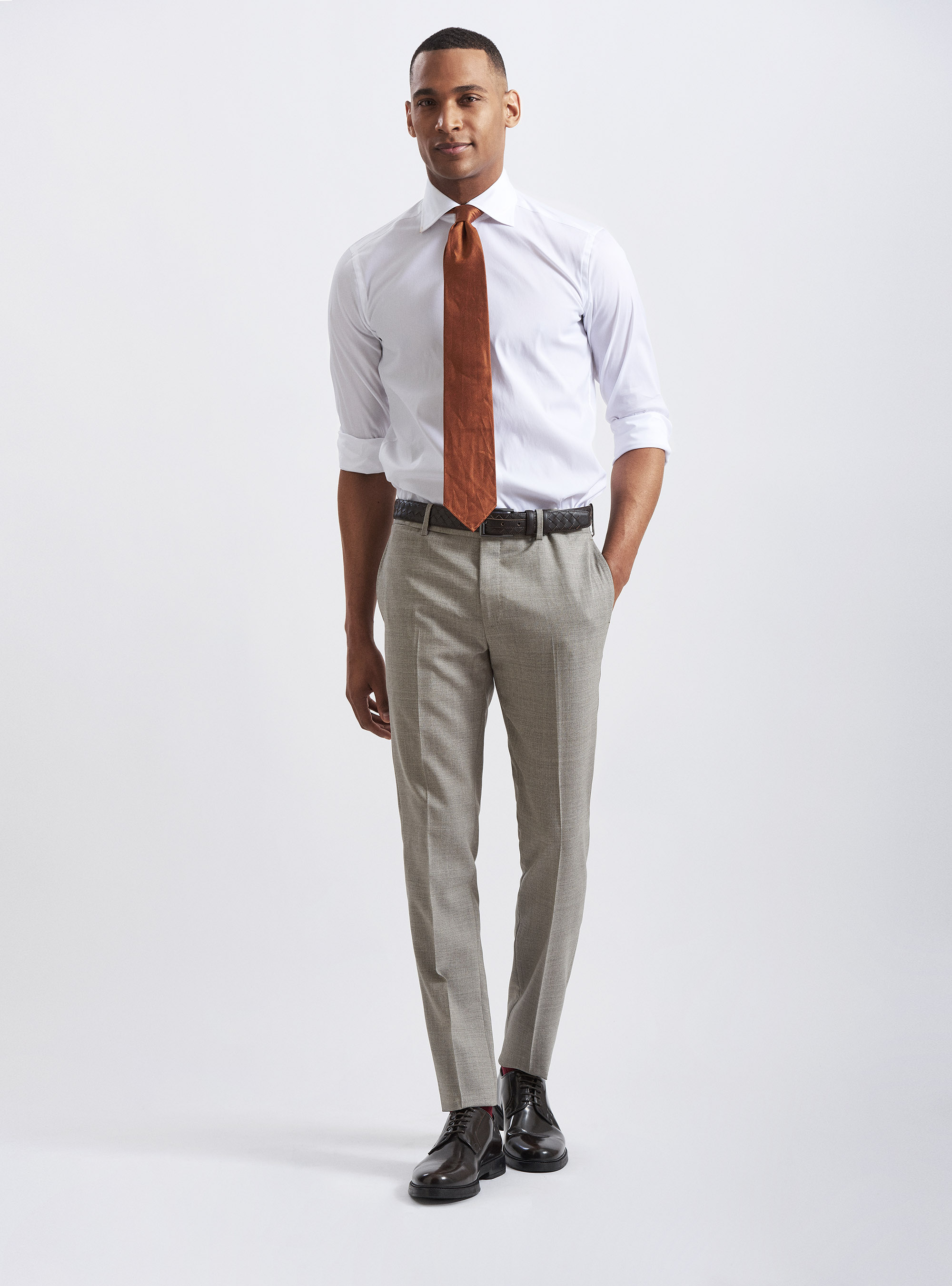 Camisa de cuello italiano en popel&iacute;n el&aacute;stico, BLANCO