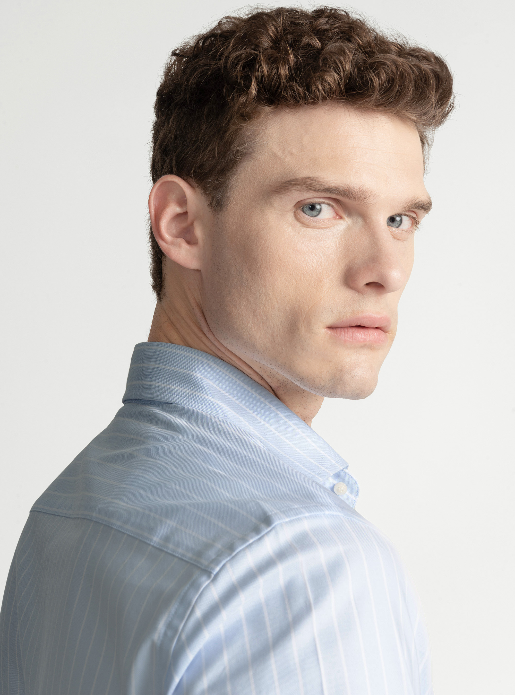 Camisa oxford de algodón a rayas, CELESTE