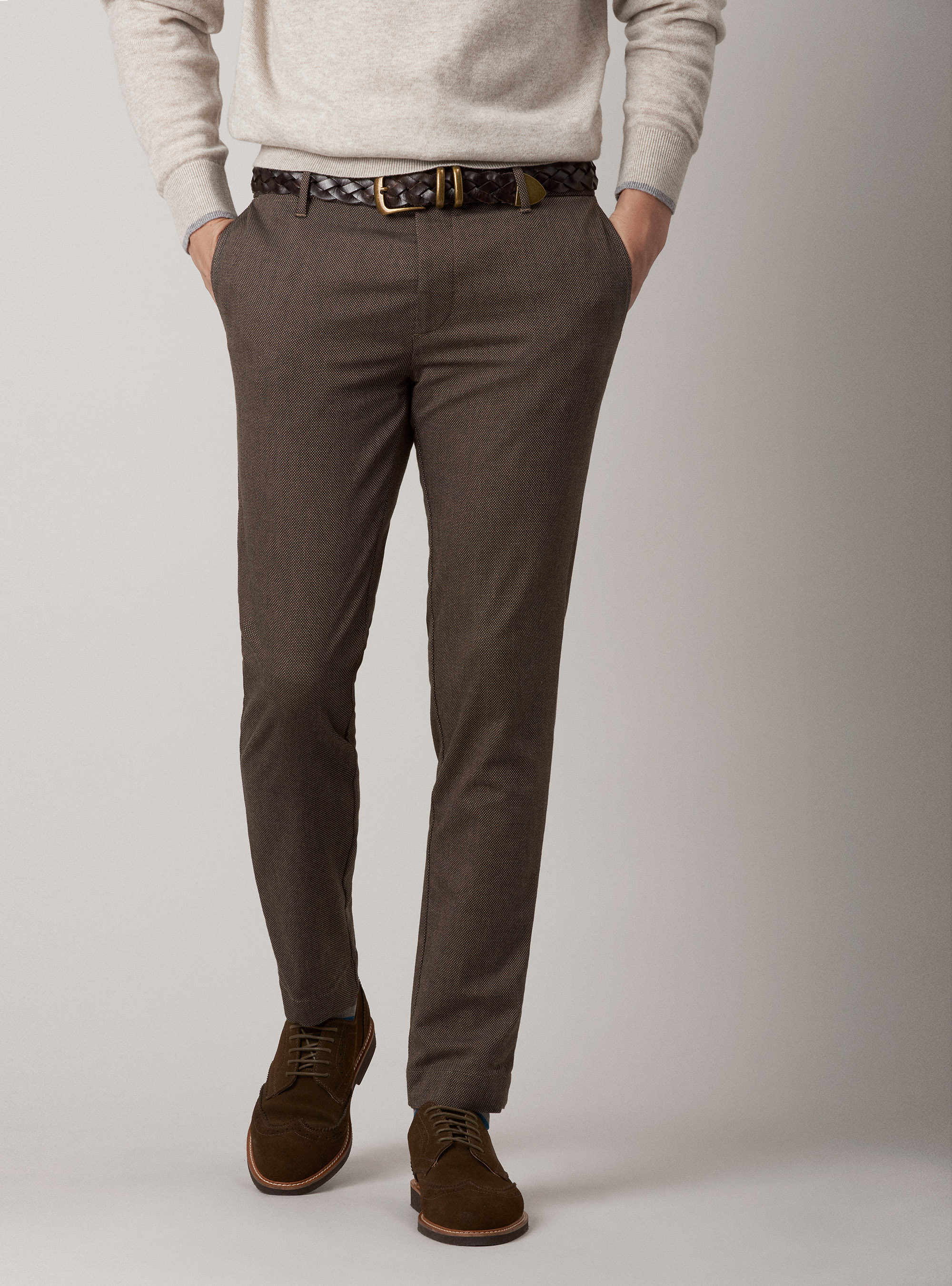 Pantaloni slack in misto cotone armaturato tinto filo, FANGO