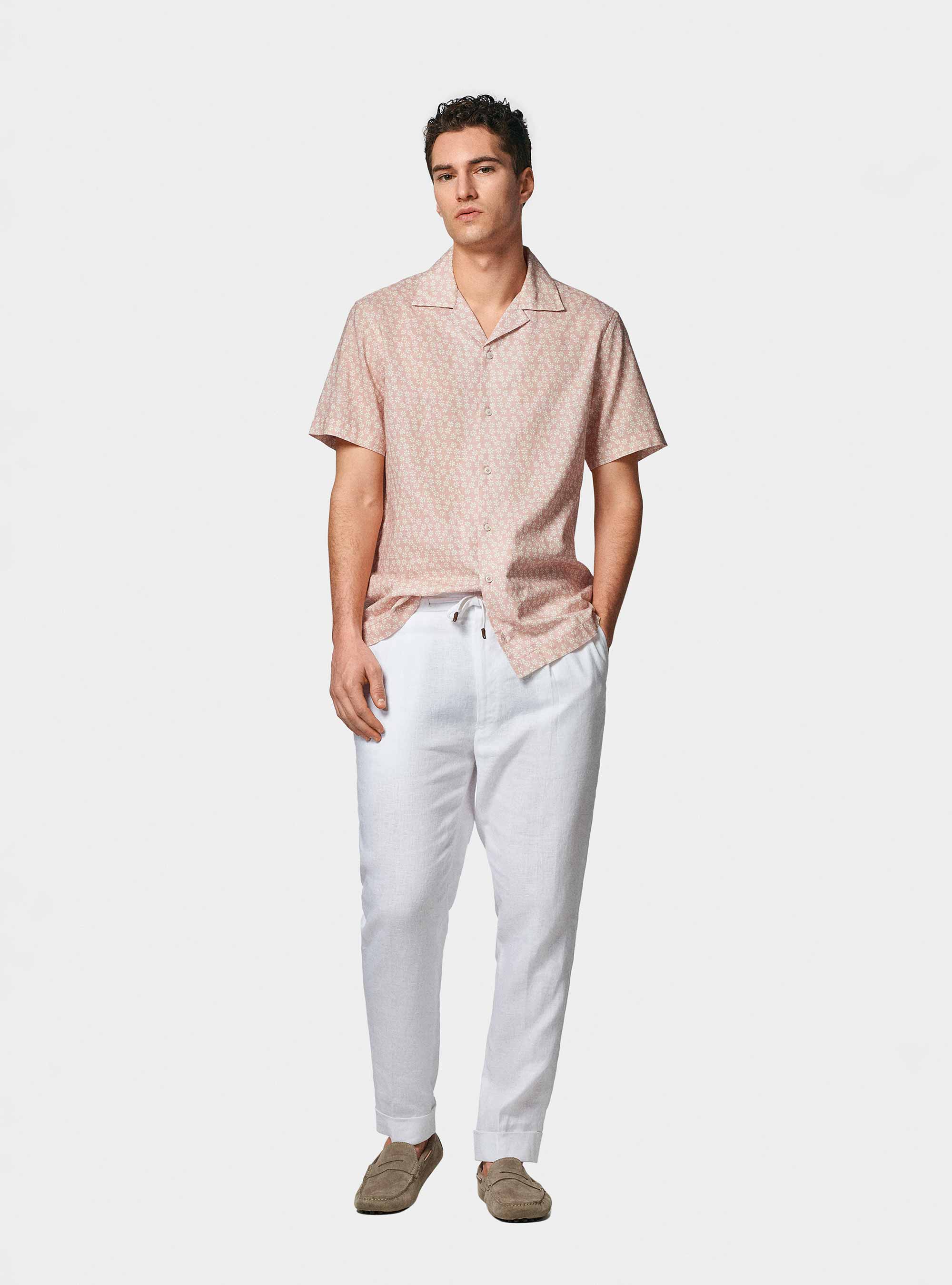 Bowling shirt in linen and printed cotton, ROSA CHIARO 0466C