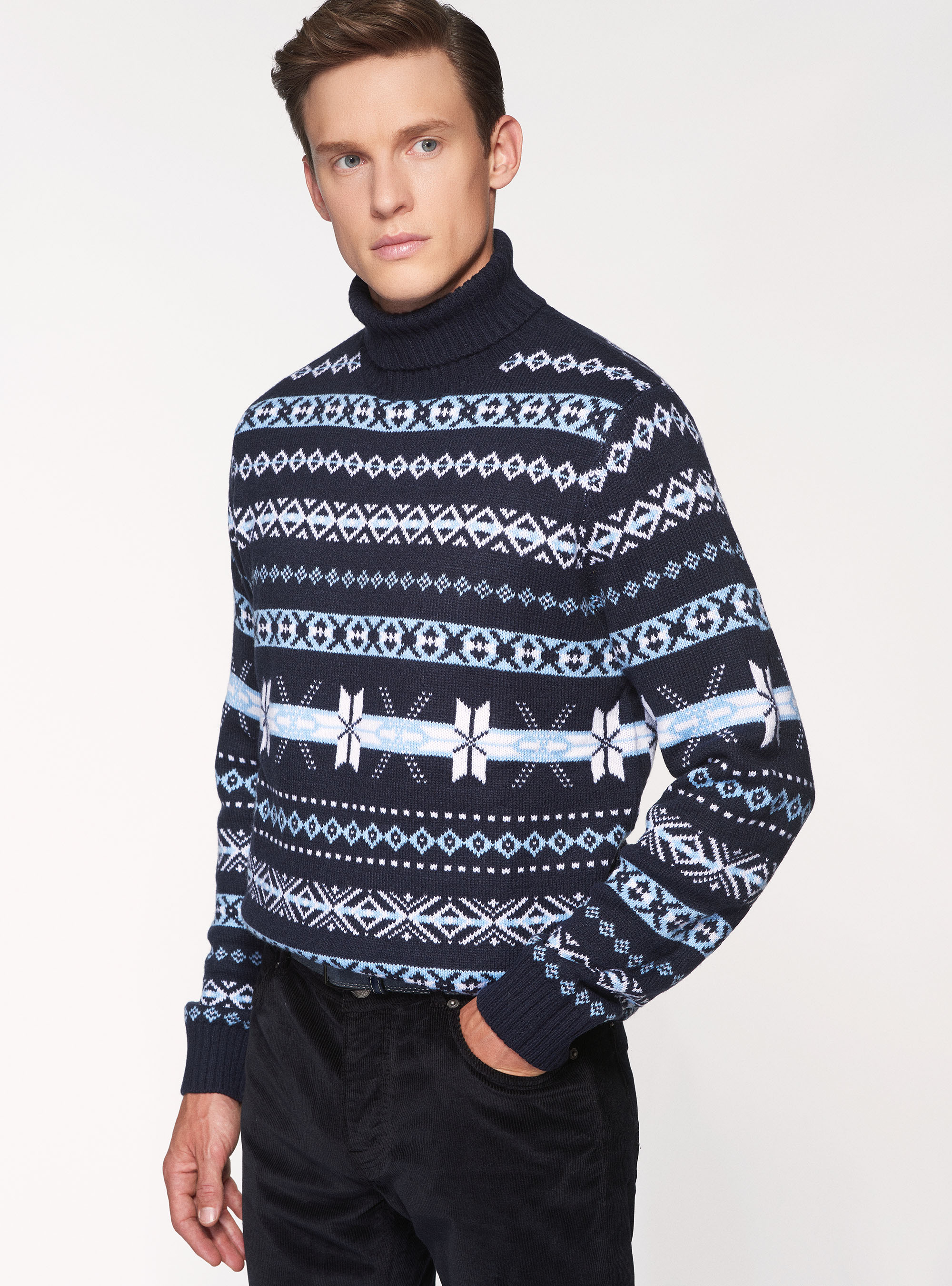 Maglia collo alto jacquard, BLU NAVY