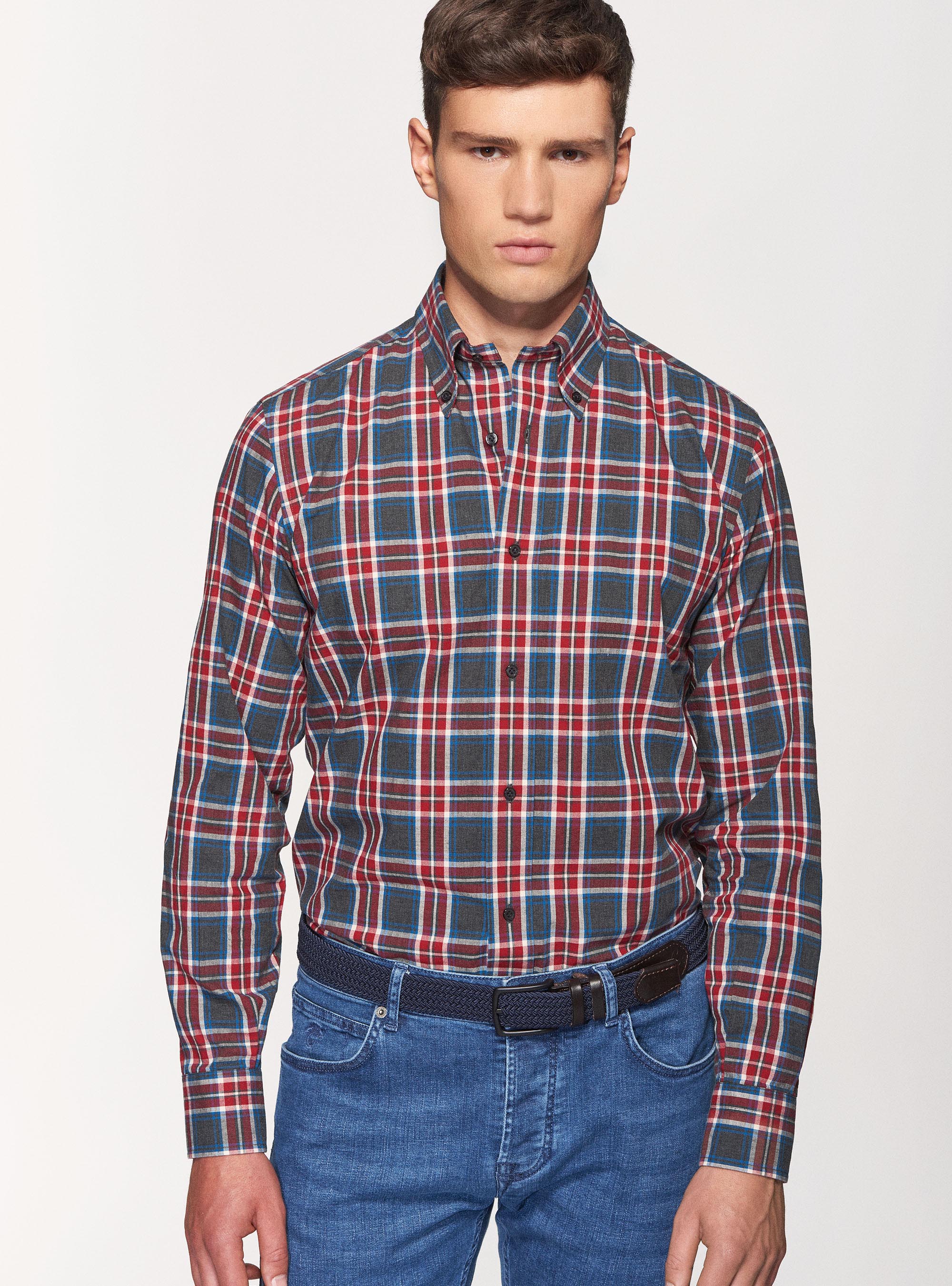 Camicia collo button down in flanella di cotone a quadri