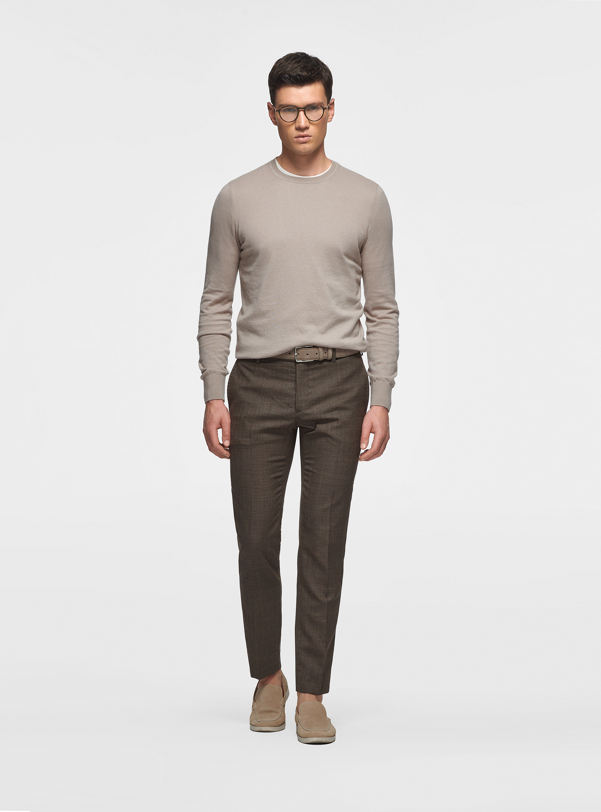 Pantaloni in pura lana pied de poule, MARRONE