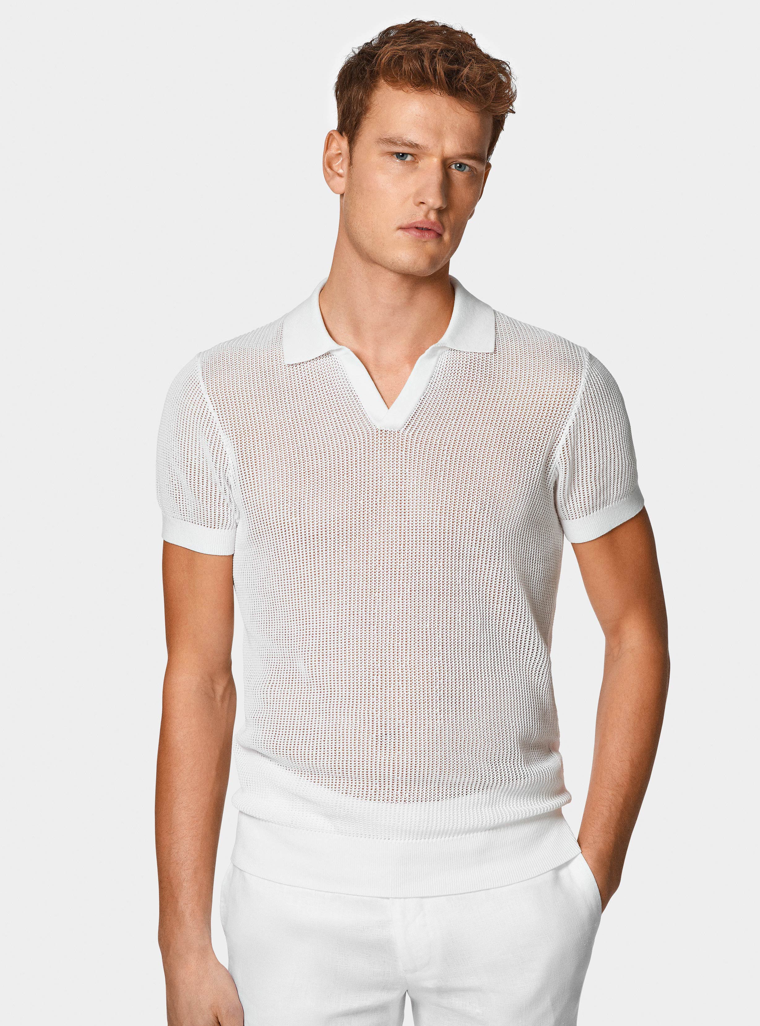 Maglia polo in crochet, BIANCO