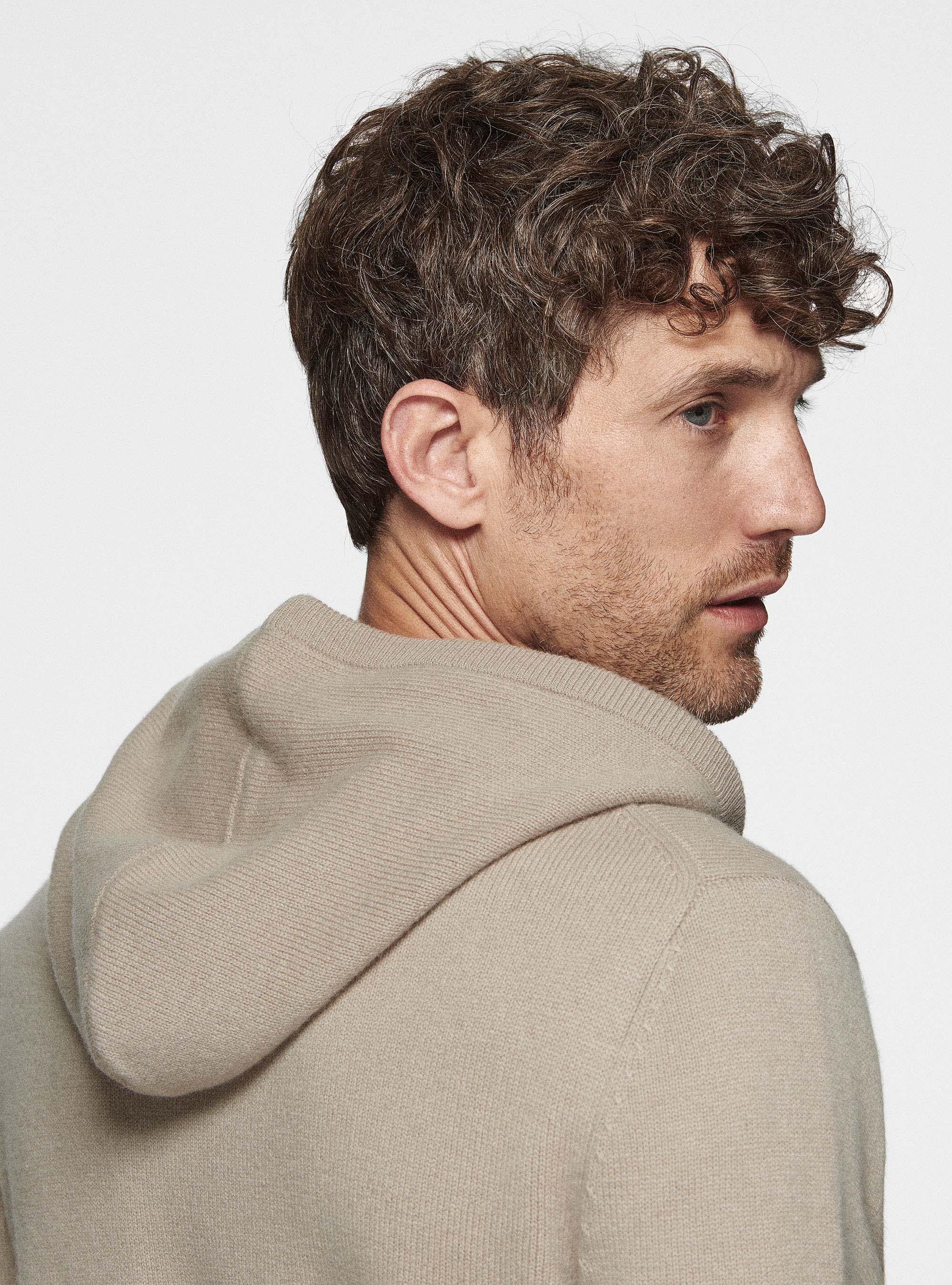 Cardigan in maglia con cappuccio in lana merino, SABBIA