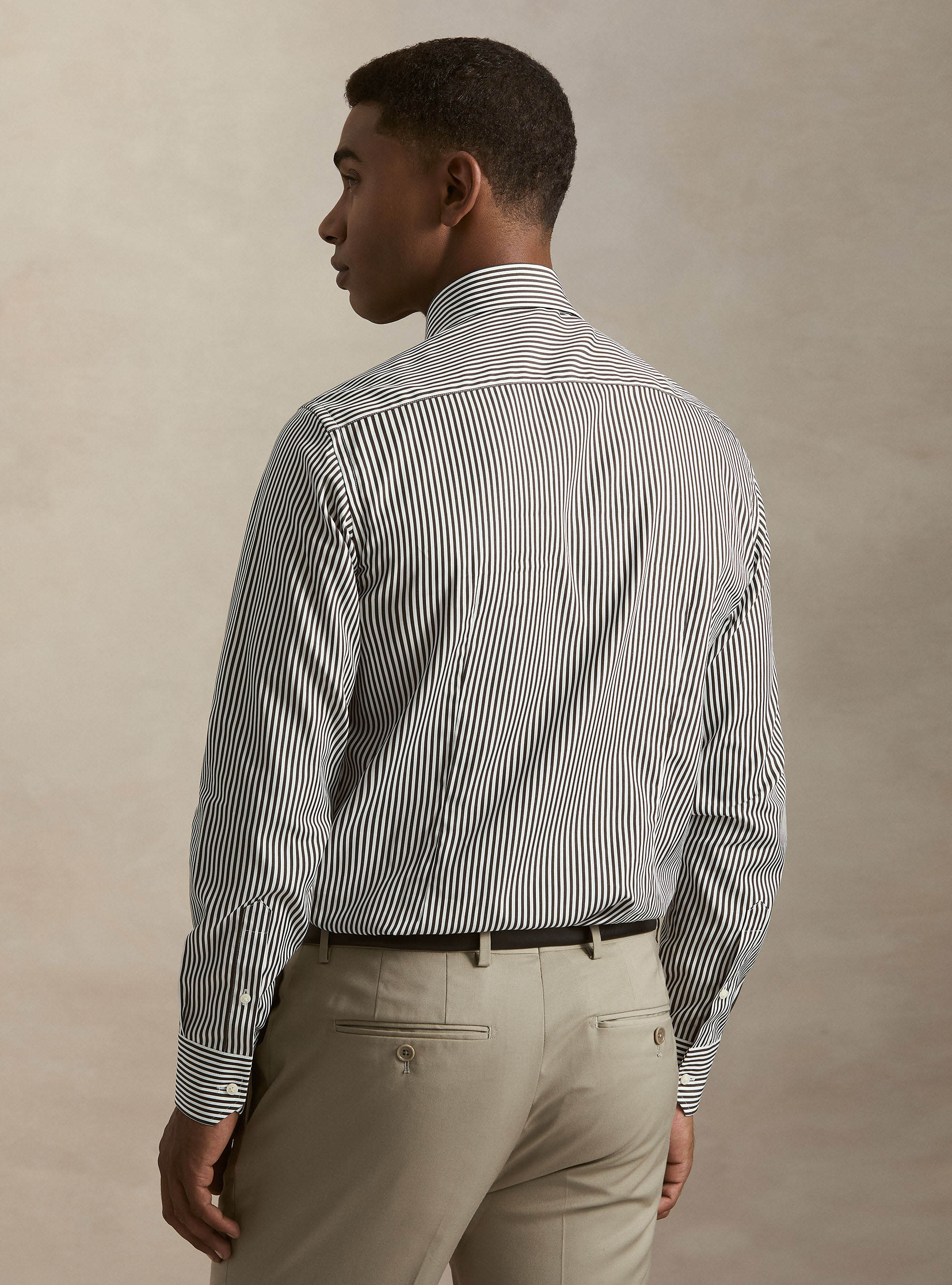 Camicia rigata cotone popeline collo semifrancese, MARRON