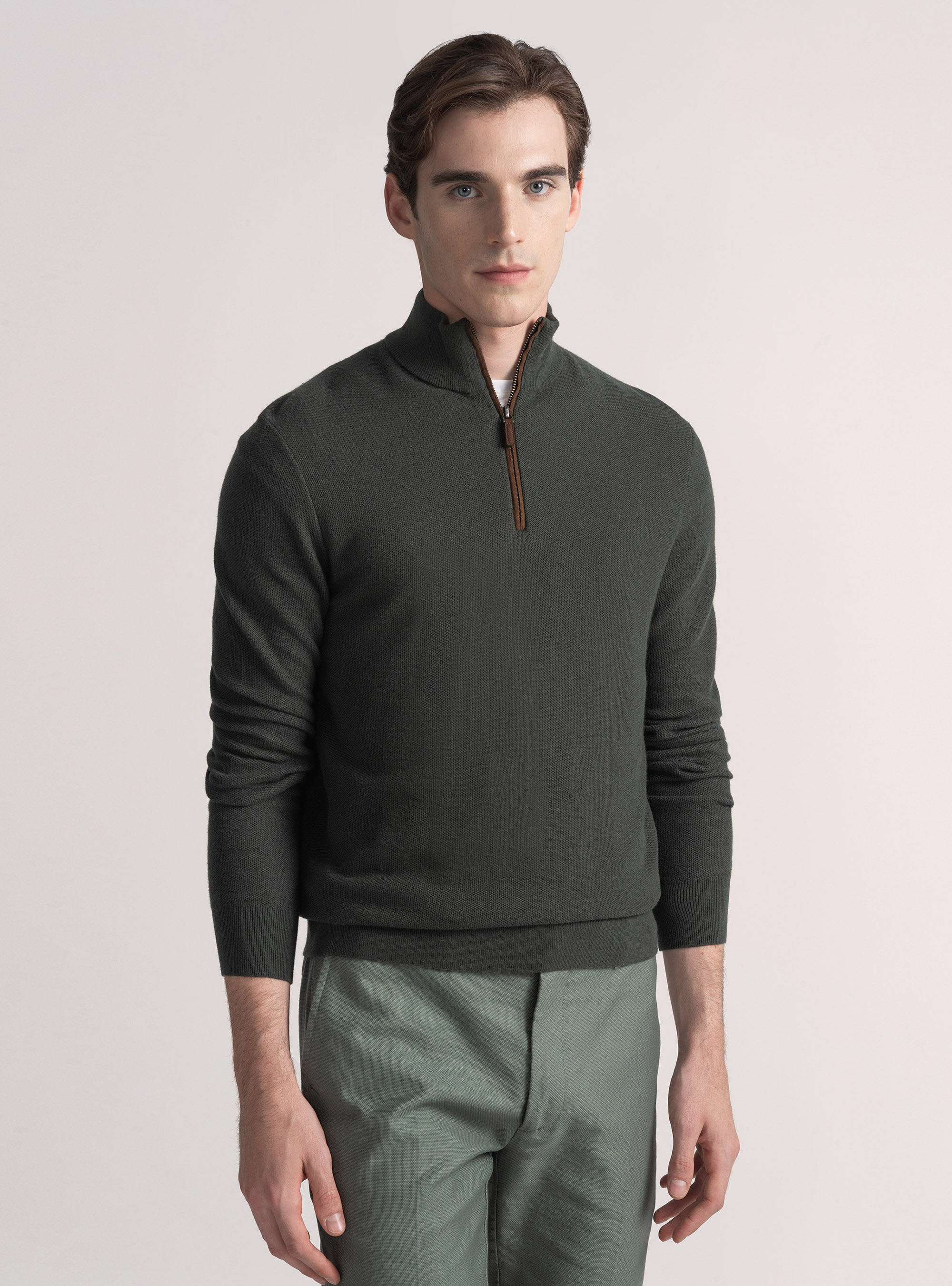 Maglia mock neck nido d'ape in cotone cashmere, MILITARE 0609C