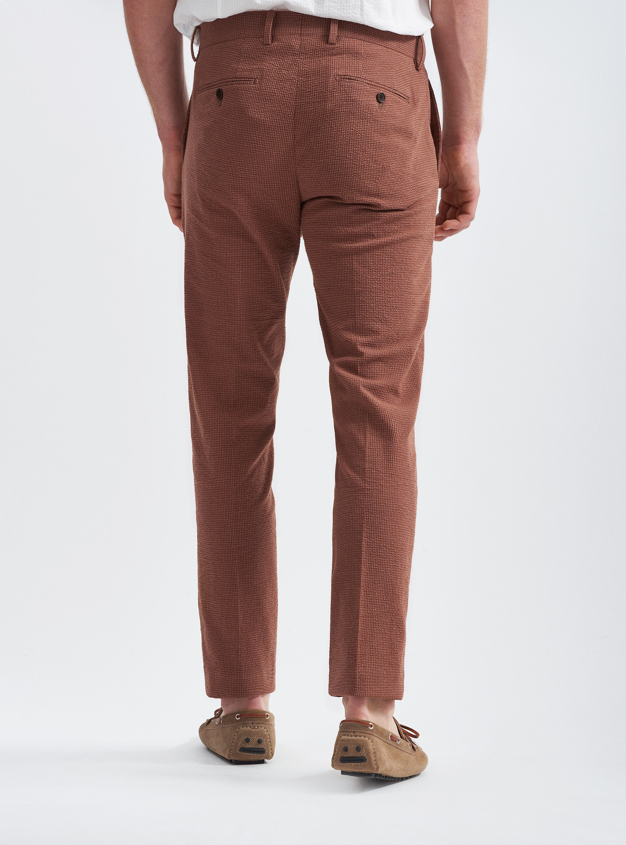 Pantaloni per abito in cotone seersucker, TABACCO