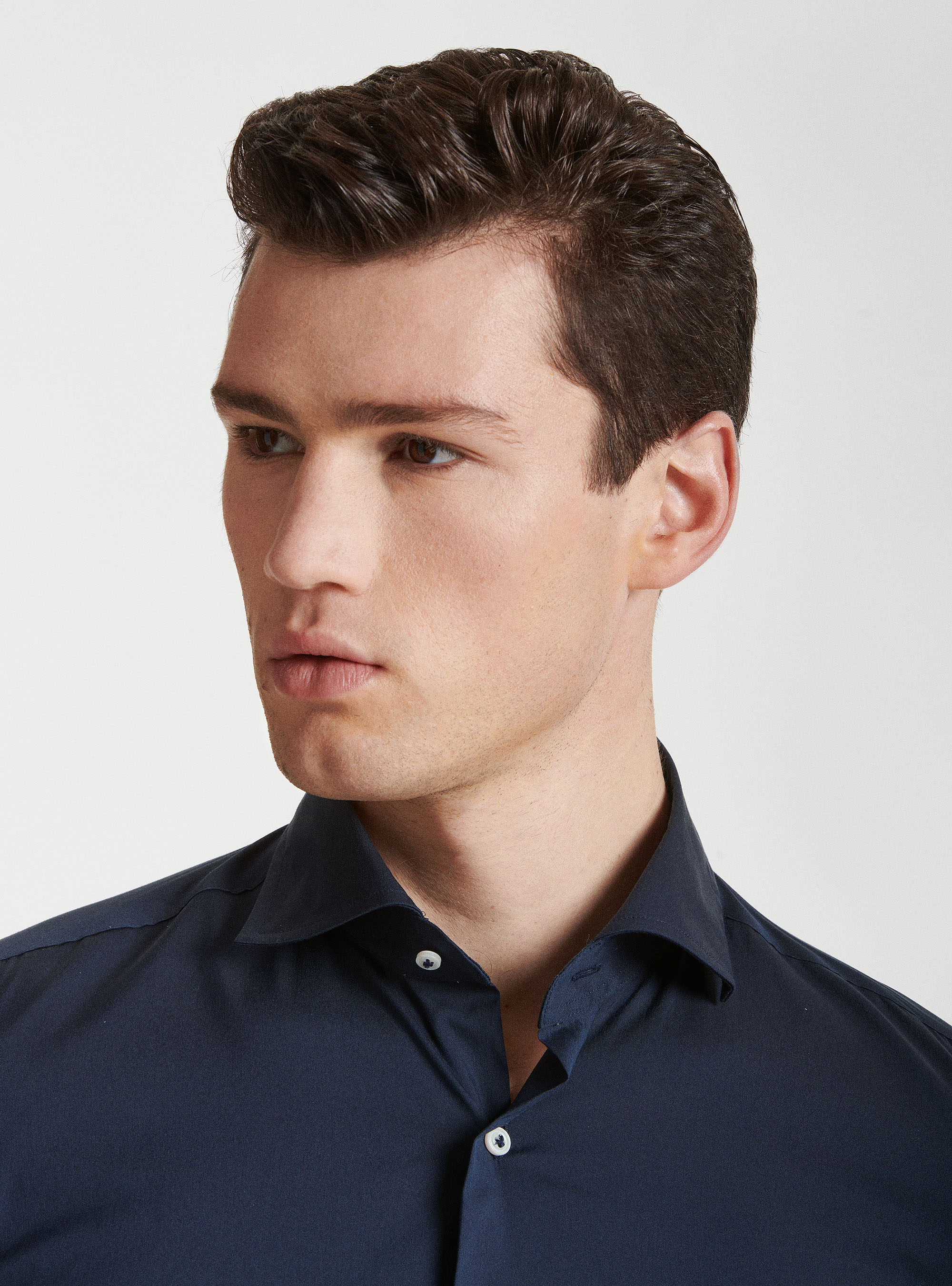 Camicia collo semi francese in popeline stretch, BLU NAVY
