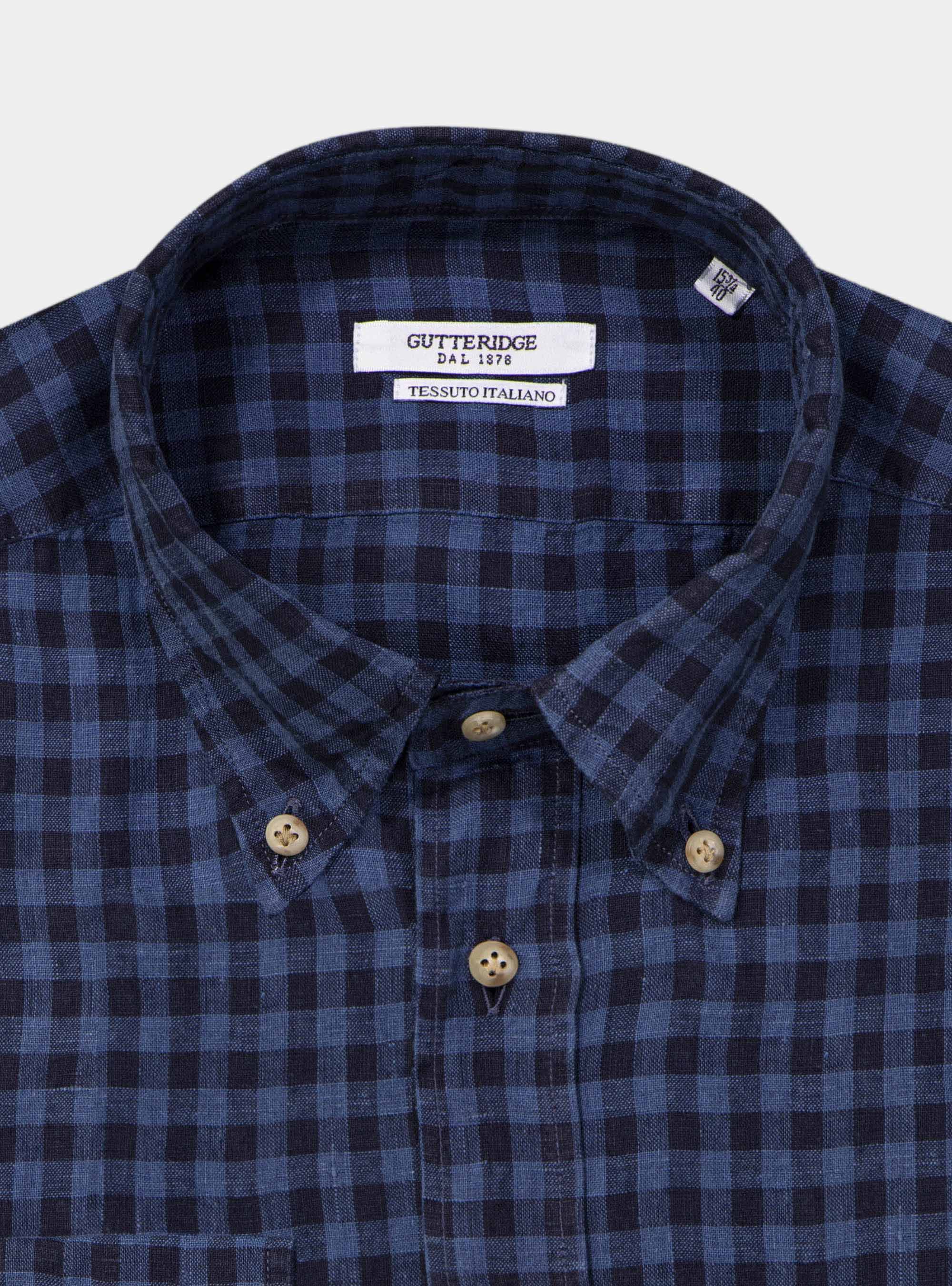 Camicia collo button down in puro lino, BLU