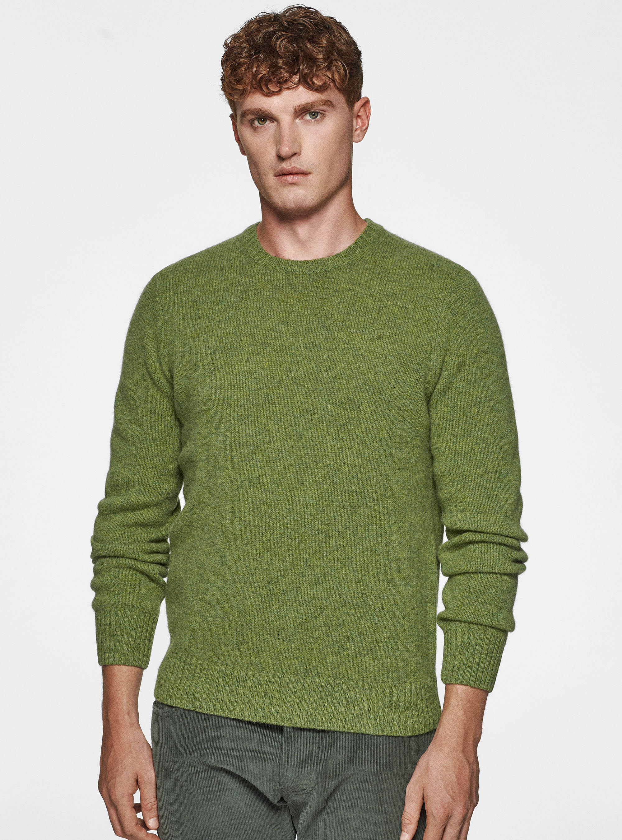 Maglia girocollo in lana shetland, OLIVA