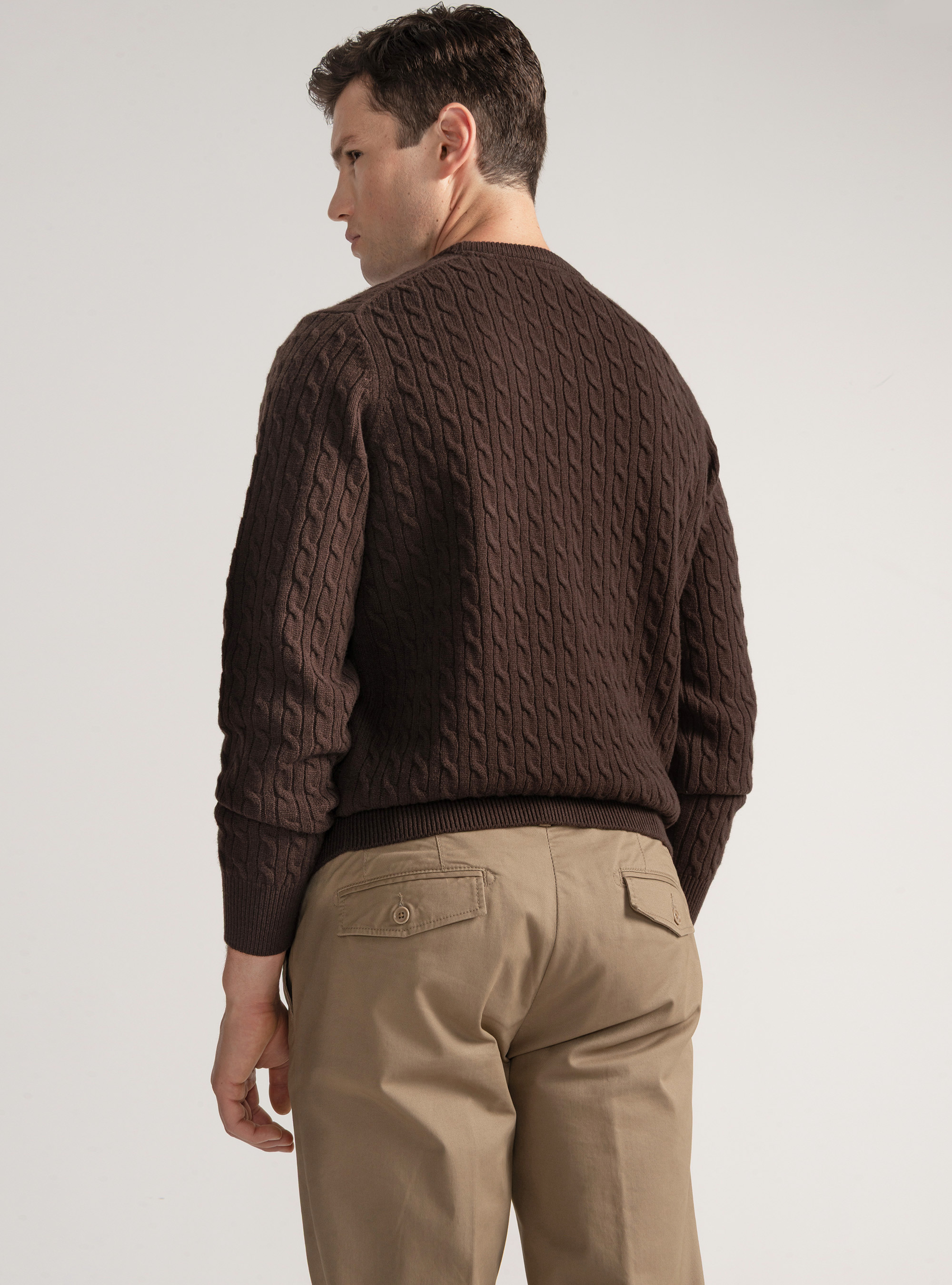 Crew-neck sweater with wool and cashmere braid, BROWN