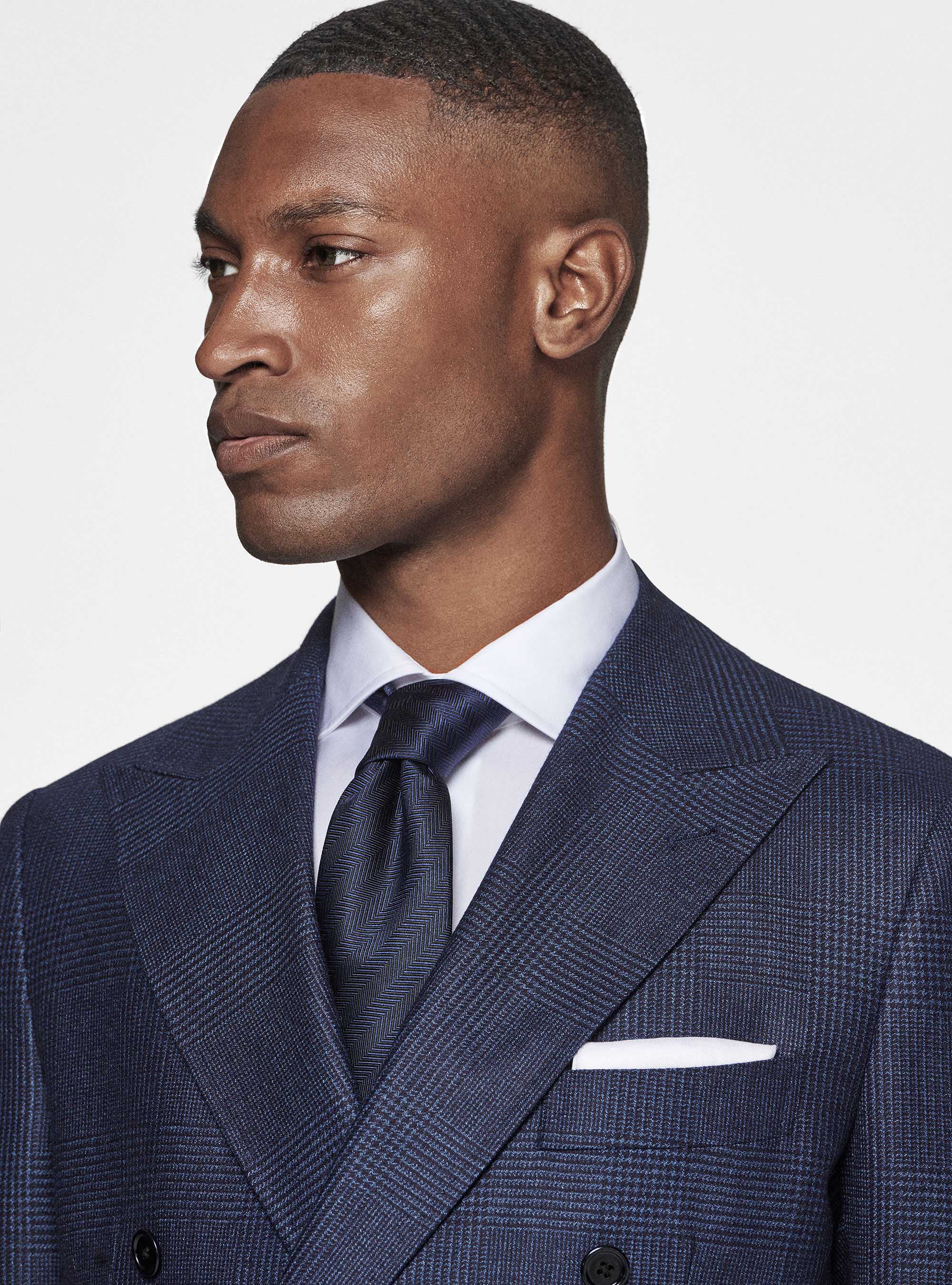 Double-breasted blazer in pure wool patterned, NAVY BLUE