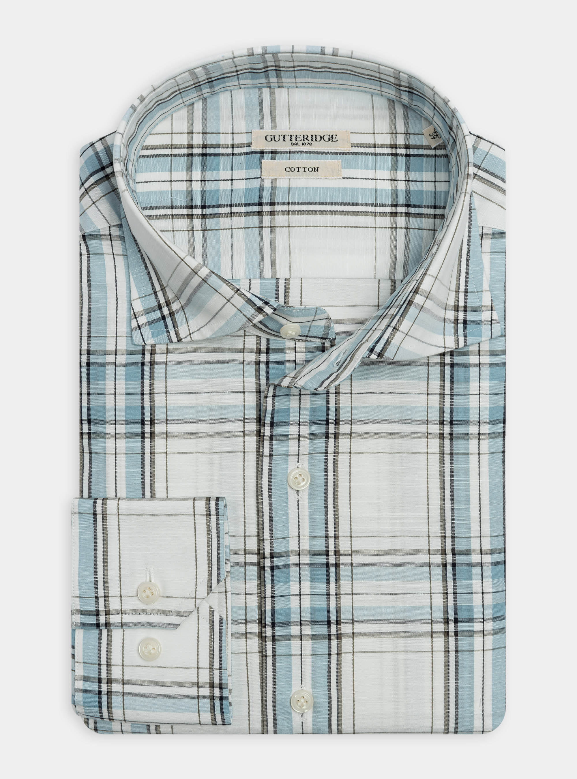 Camicia collo semi francese in puro cotone a quadri, AZZURRO