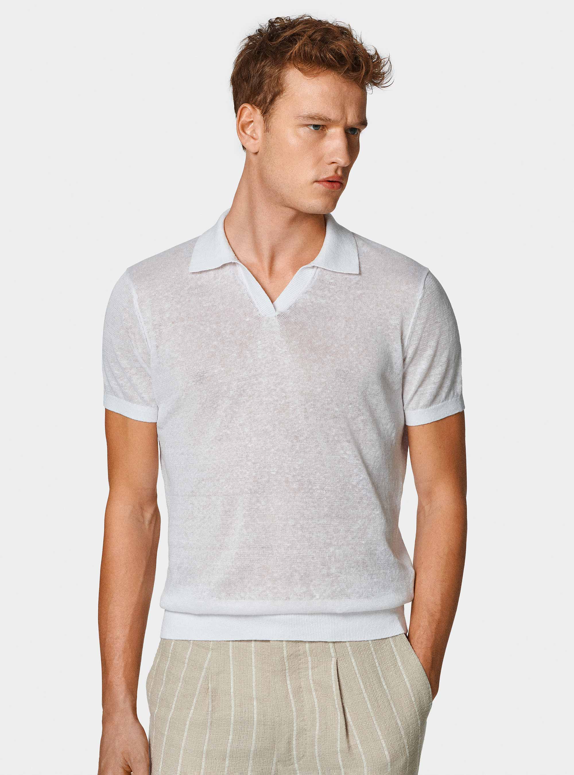 Polo in maglia senza bottoni in puro lino, BIANCO