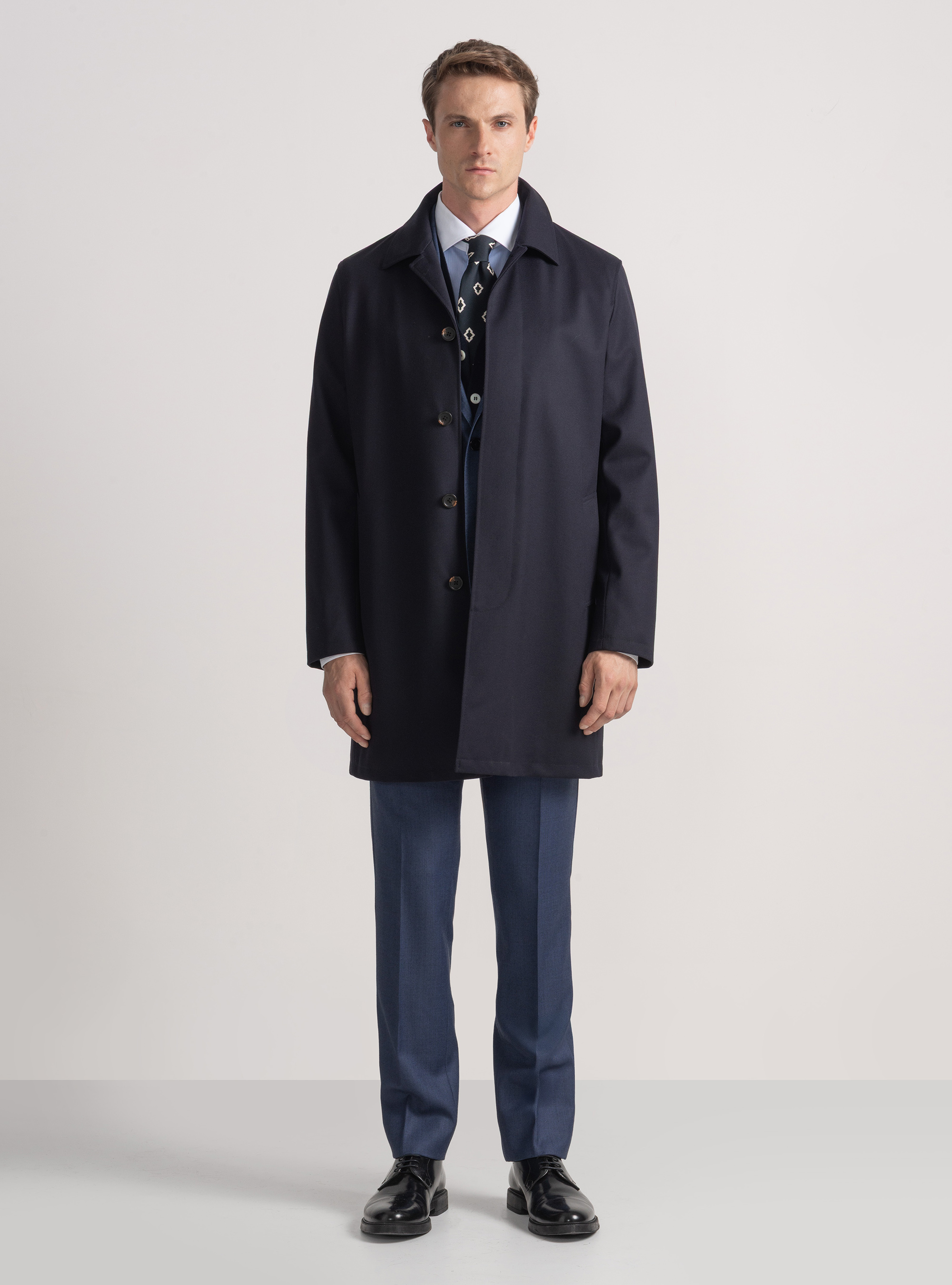 Gabardina en sarga de mezcla de lana, AZUL MARINO