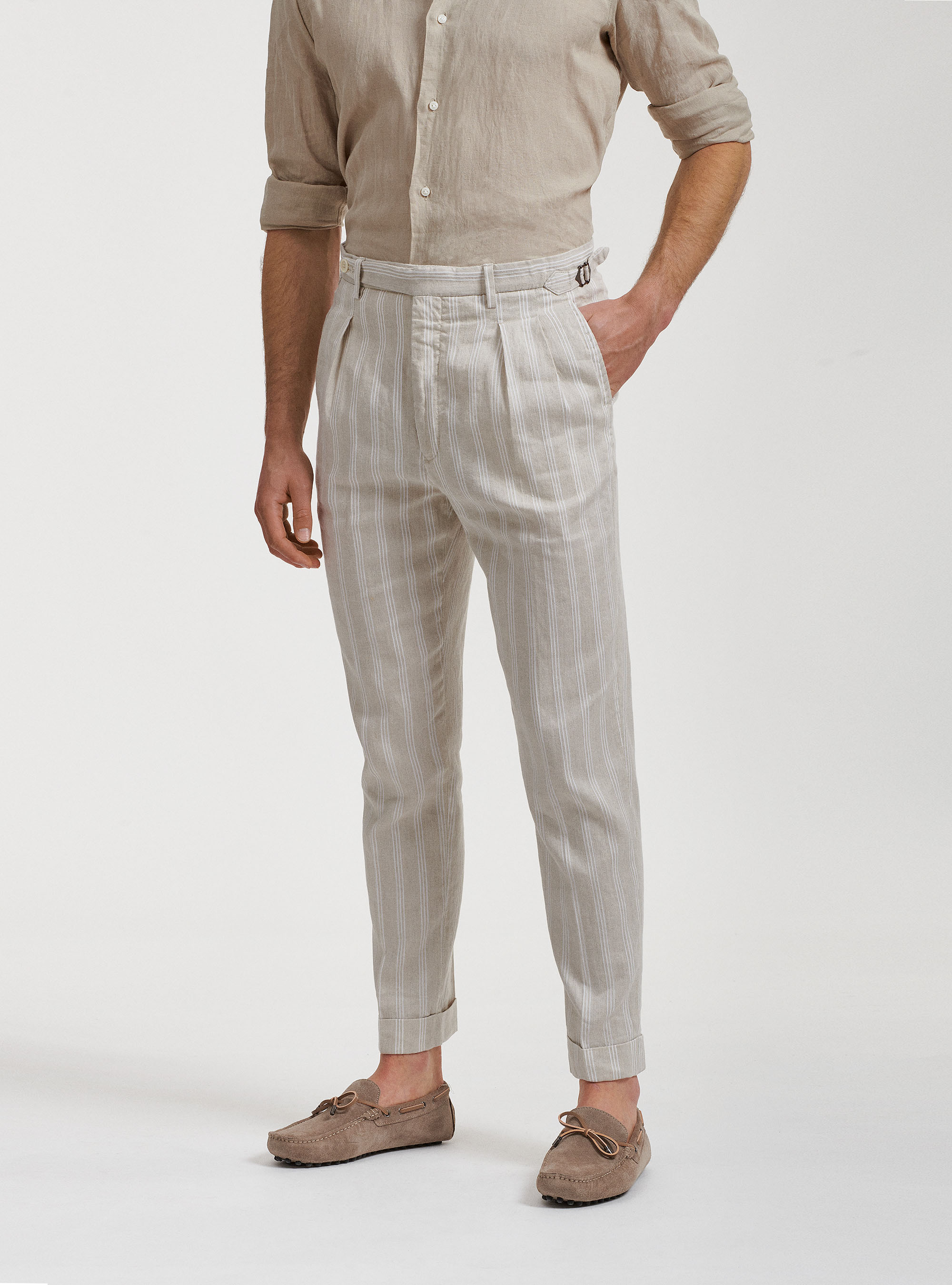 Linen and cotton double pleat trousers with strap, ECRU