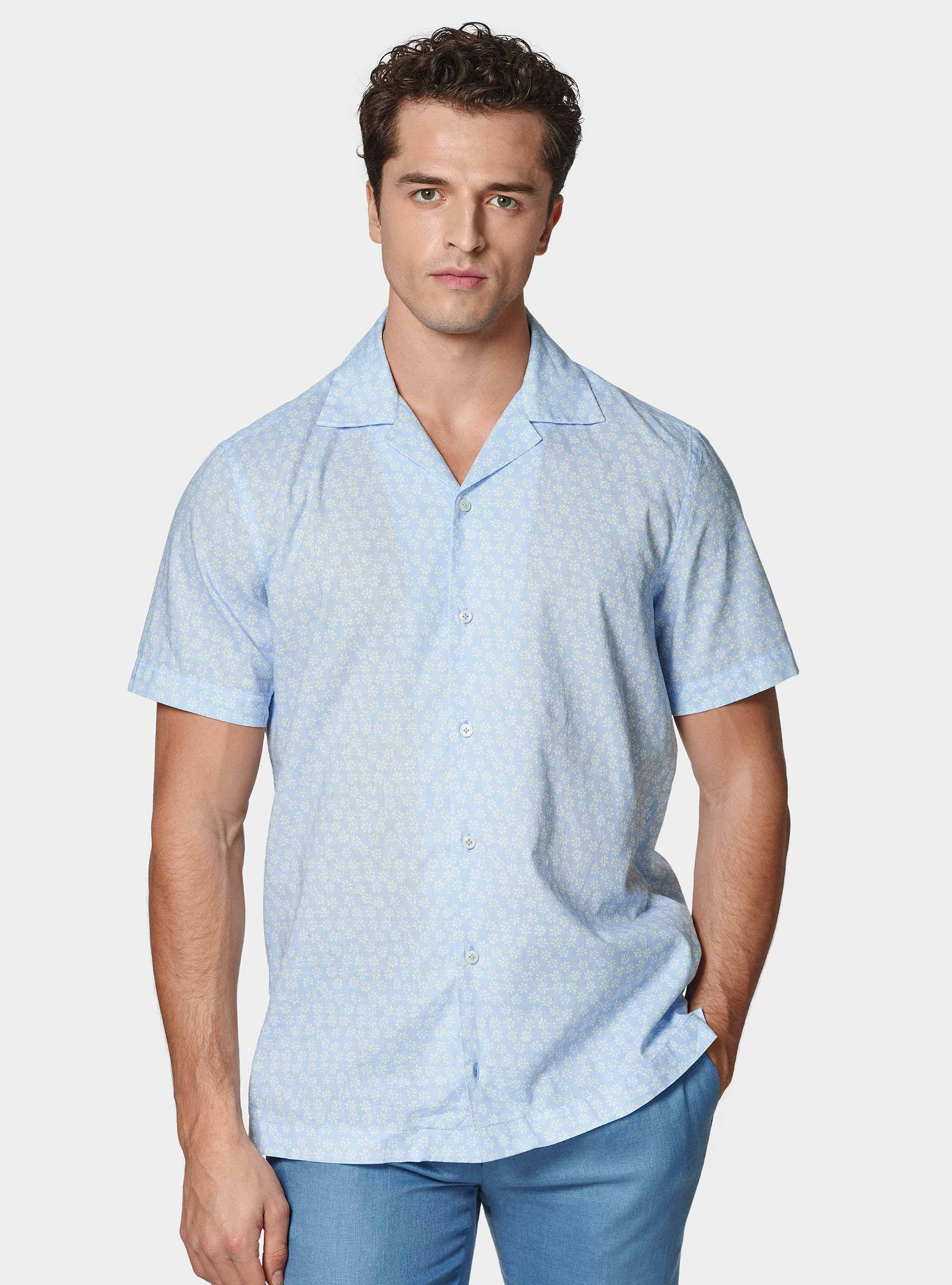 Chemise bowling, lin et coton imprim&eacute;, BLEU CIEL