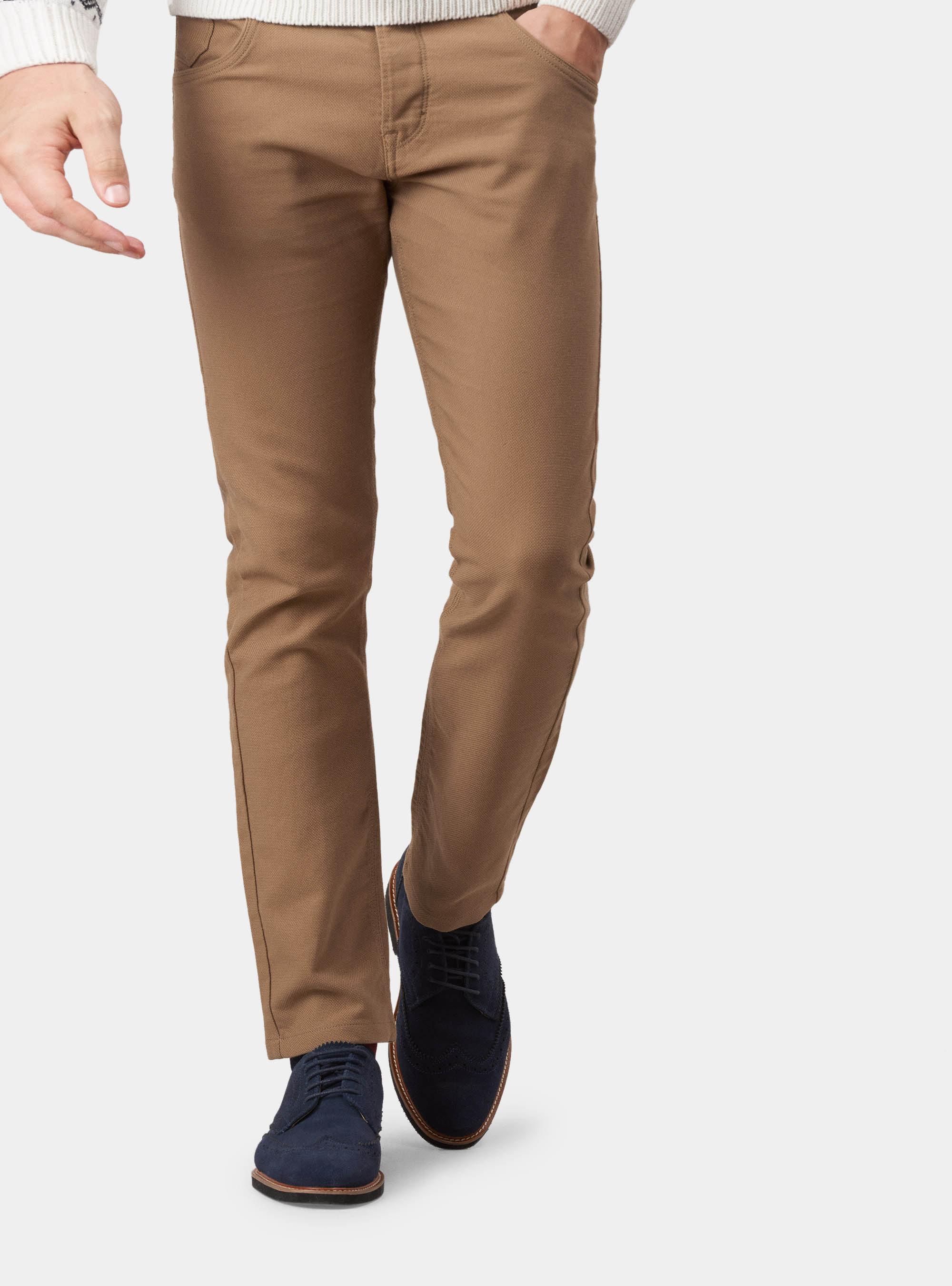 Pantaloni tipo denim in cotone stretch, NOCCIOLA 0509C