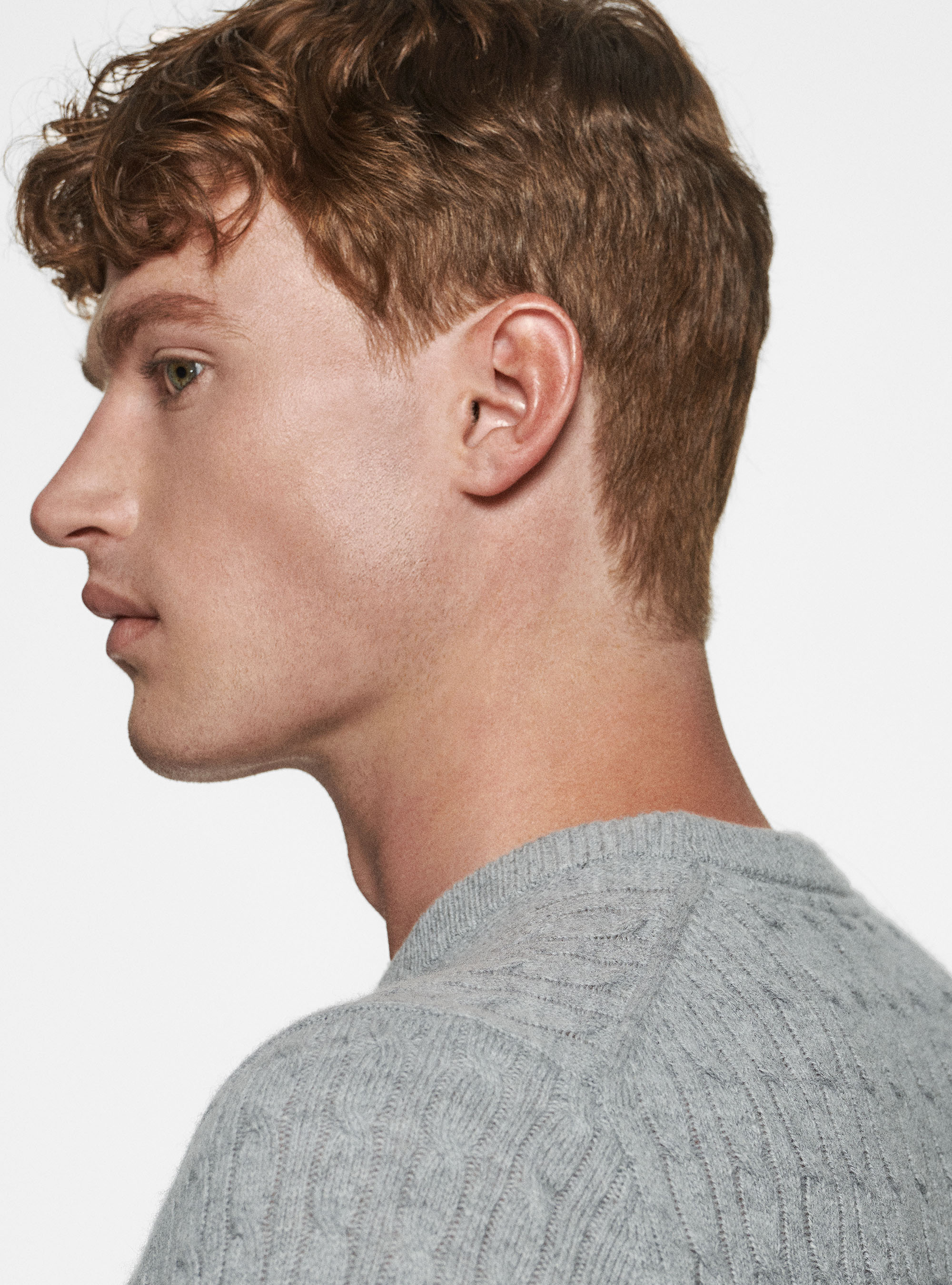 Maglia girocollo in lana cashmere a treccia, GRIGIO MELANGE 0151C