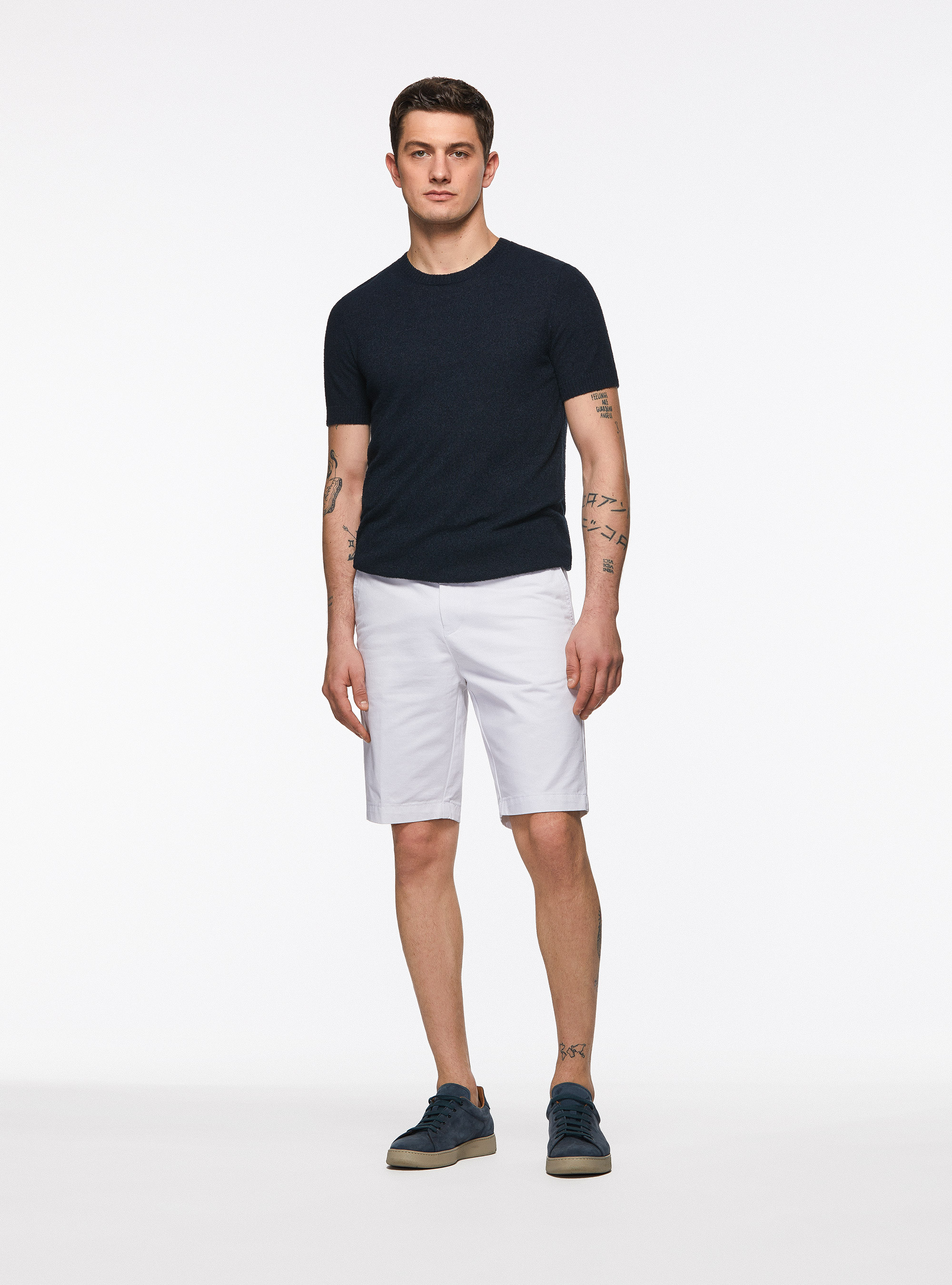 Maglia girocollo in misto cotone bouclè, BLU NAVY