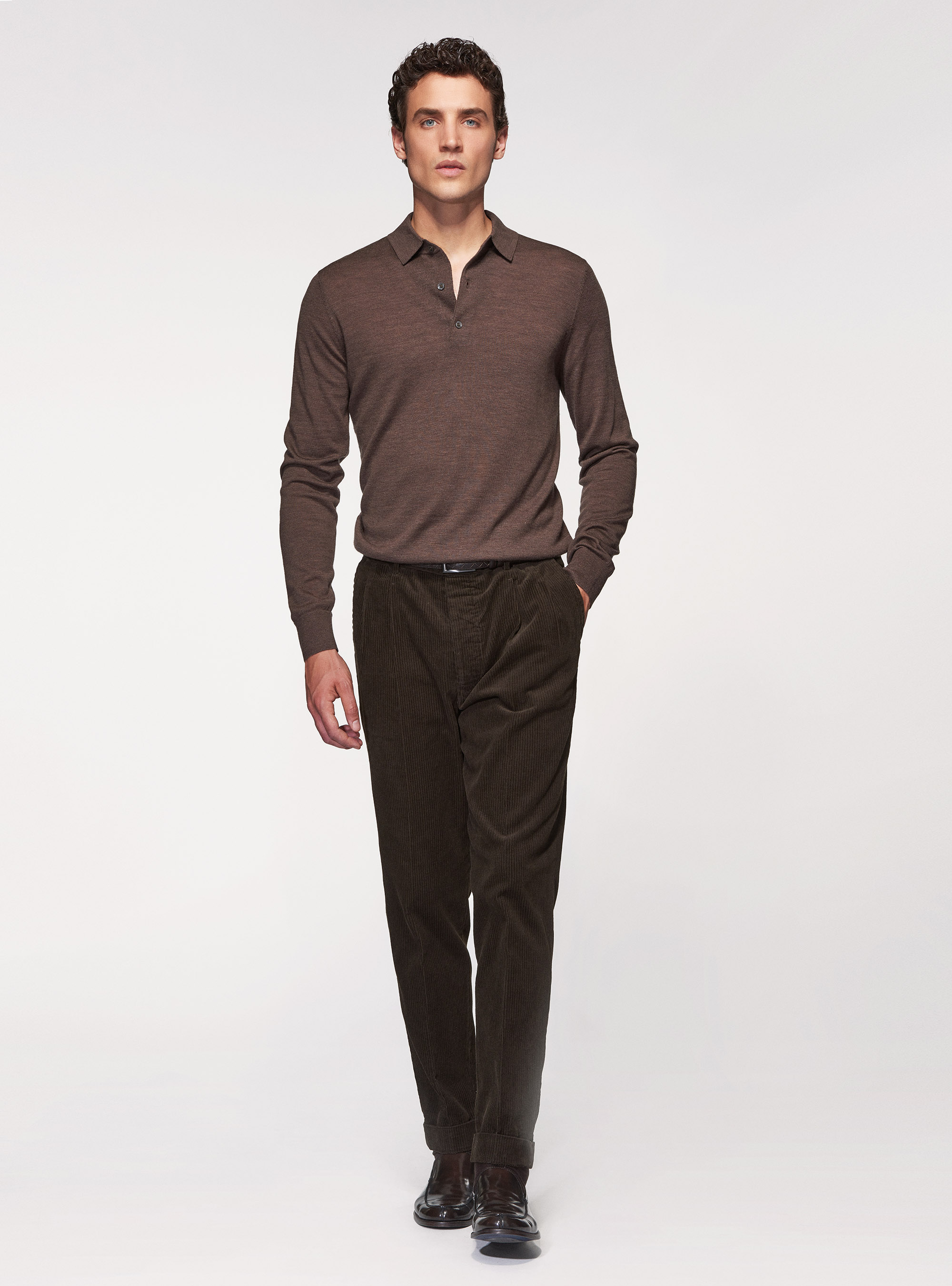 Cotton velvet double pleat trousers, BROWN