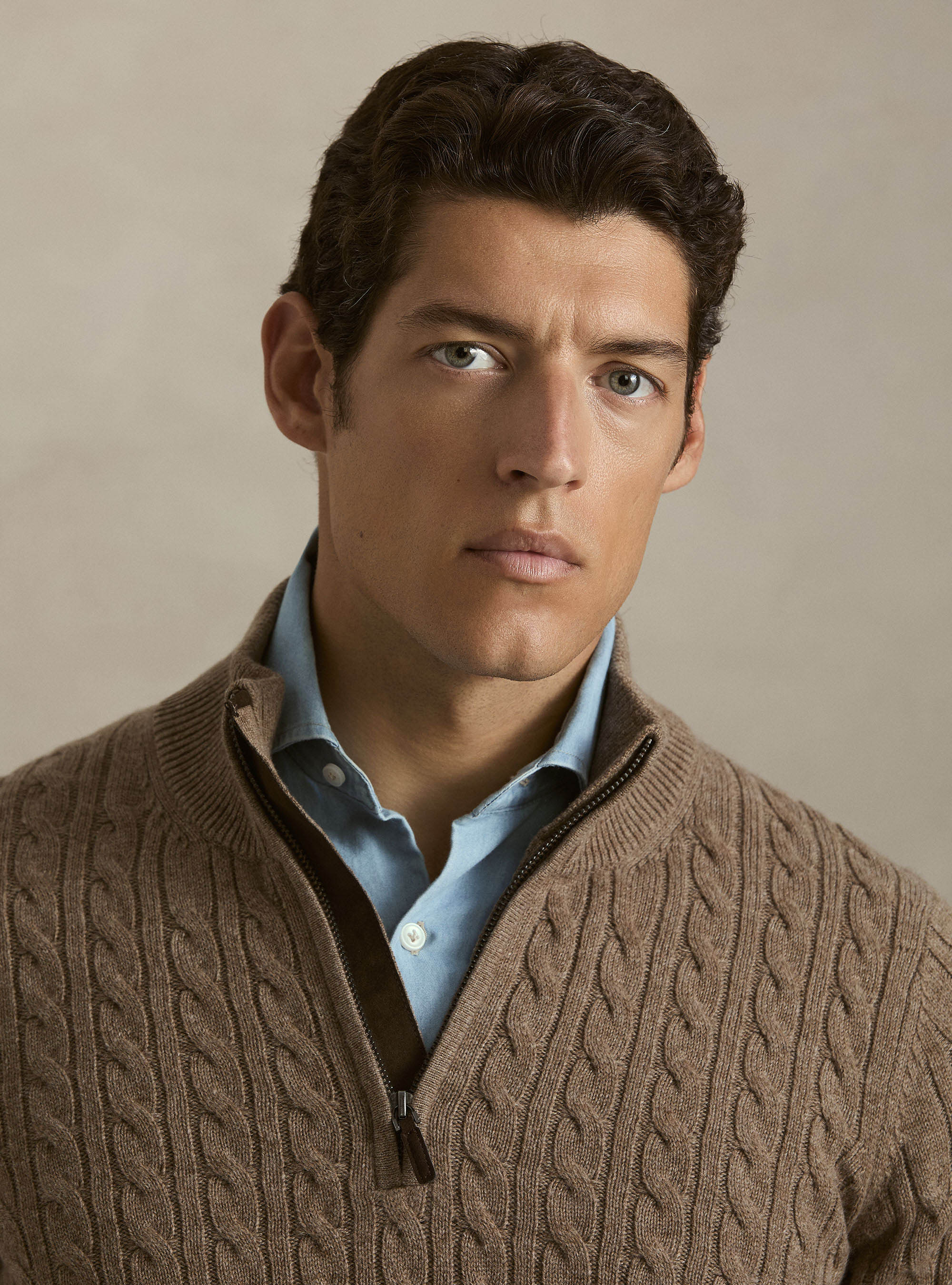 Cable-knit wool and cashmere mock neck sweater, MUD