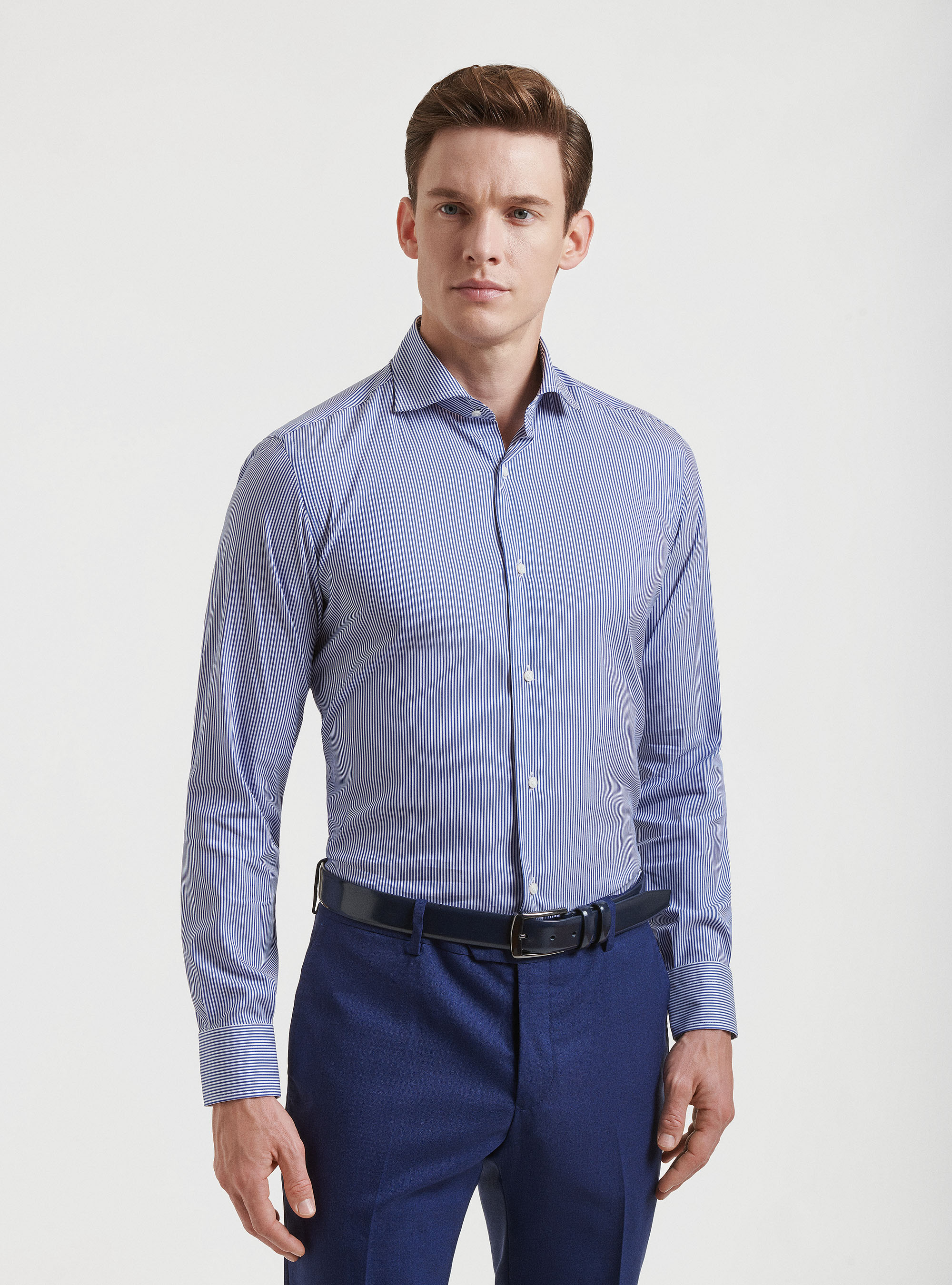 Camisa de popelina el&aacute;stica a rayas, AZUL MEDIO